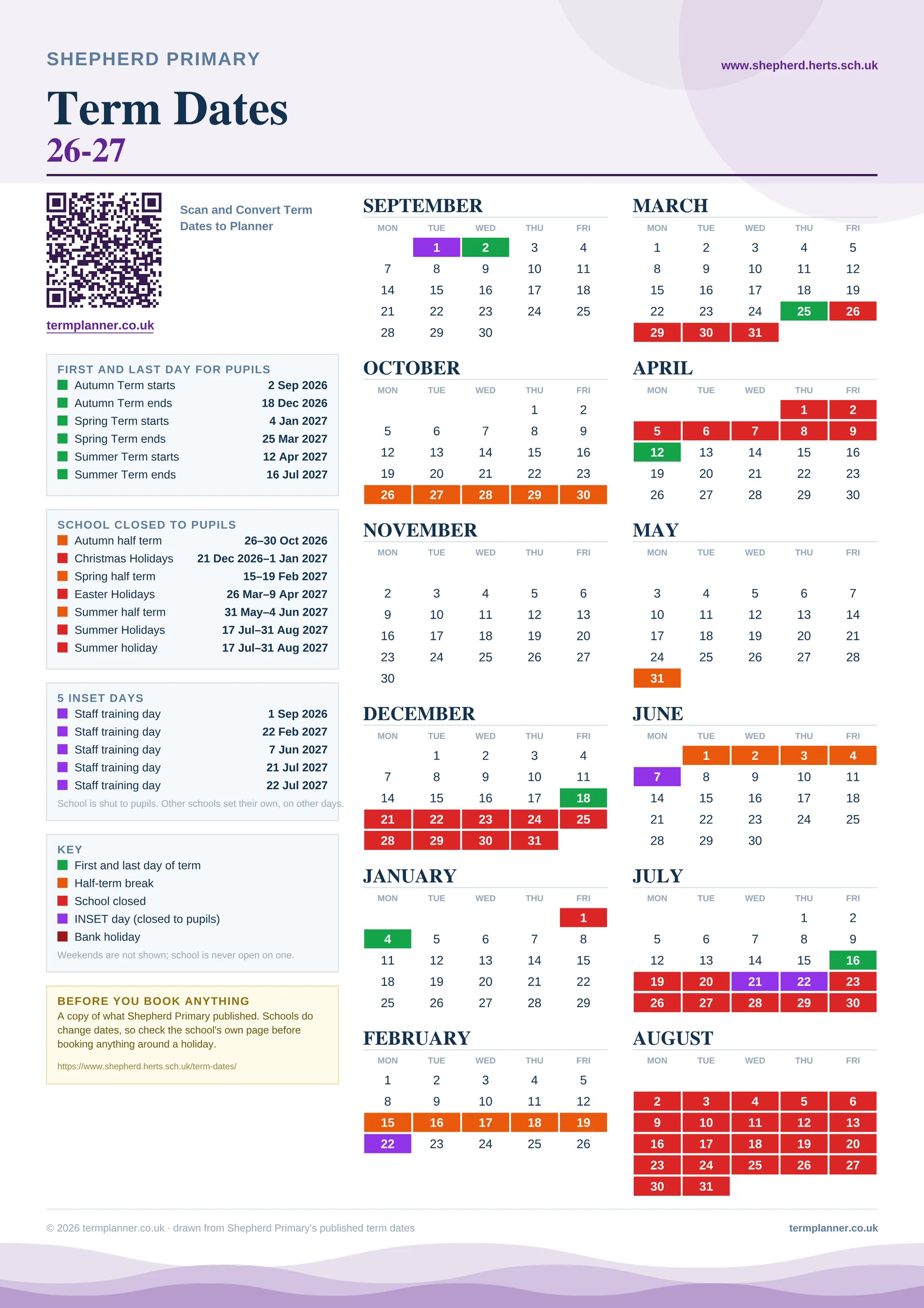 Shepherd Primary’s 2026/27 school year drawn as one sheet: twelve month grids from September to August, Monday to Friday, with autumn term 2 September to 18 December 2026, spring term 4 January to 25 March 2027, summer term 12 April to 16 July 2027. Half terms, holidays and bank holidays are filled in colour, the first and last day of each term is marked, 5 INSET days are picked out, and every date is listed again in words down the left.