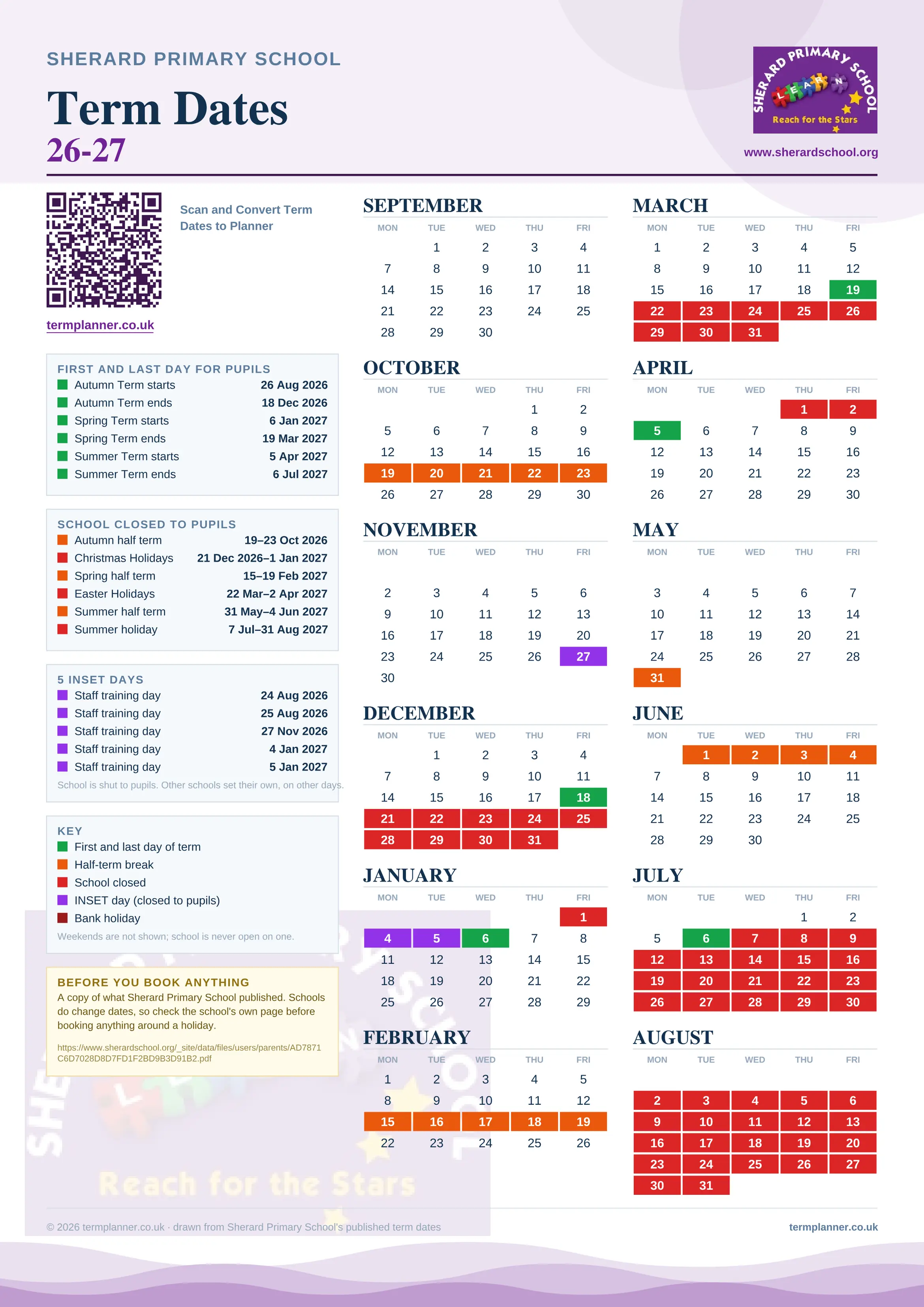 Sherard Primary School’s 2026/27 school year drawn as one sheet: twelve month grids from September to August, Monday to Friday, with autumn term 26 August to 18 December 2026, spring term 6 January to 19 March 2027, summer term 5 April to 6 July 2027. Half terms, holidays and bank holidays are filled in colour, the first and last day of each term is marked, 5 INSET days are picked out, and every date is listed again in words down the left.