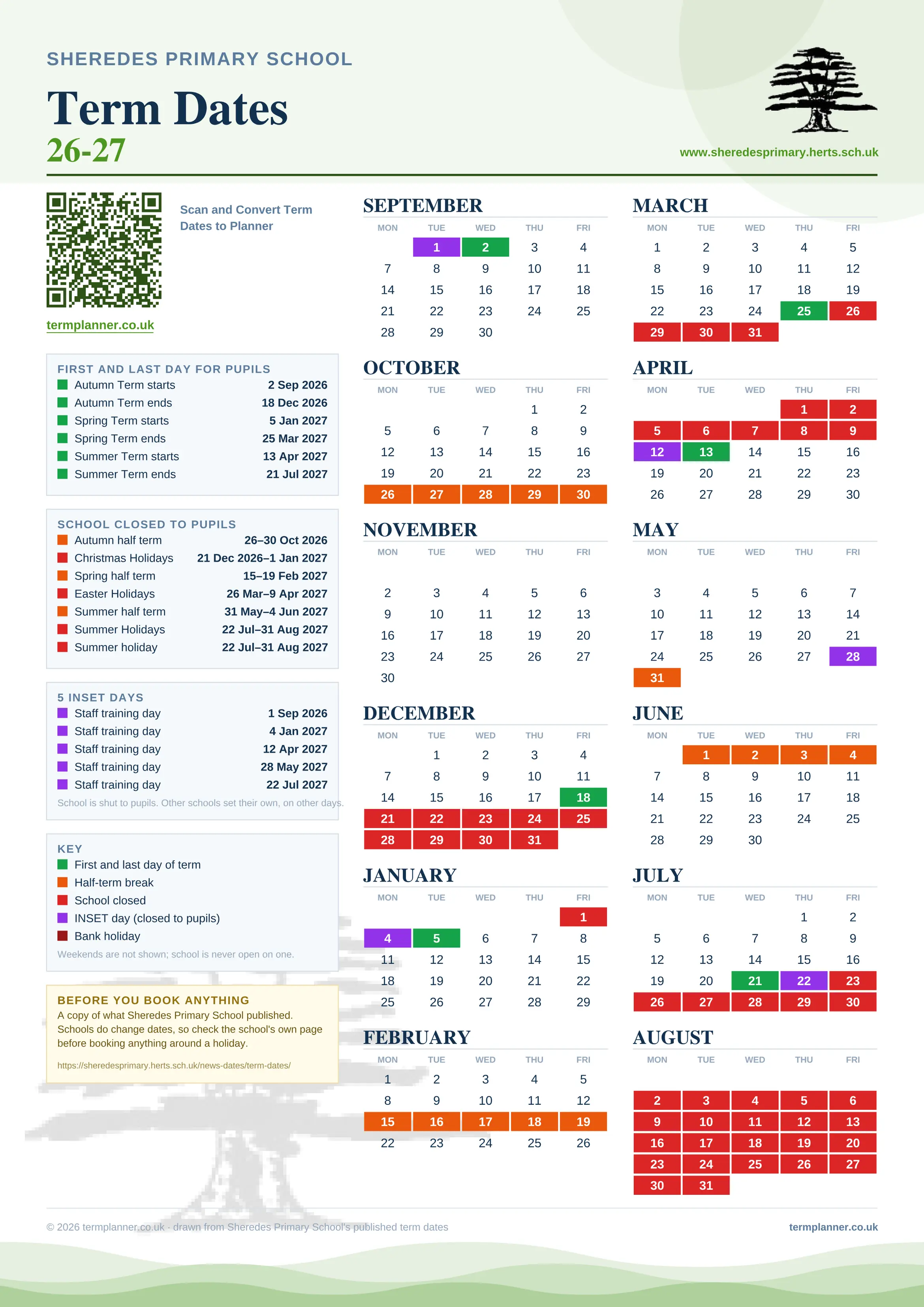 Sheredes Primary School’s 2026/27 school year drawn as one sheet: twelve month grids from September to August, Monday to Friday, with autumn term 2 September to 18 December 2026, spring term 5 January to 25 March 2027, summer term 13 April to 21 July 2027. Half terms, holidays and bank holidays are filled in colour, the first and last day of each term is marked, 5 INSET days are picked out, and every date is listed again in words down the left.