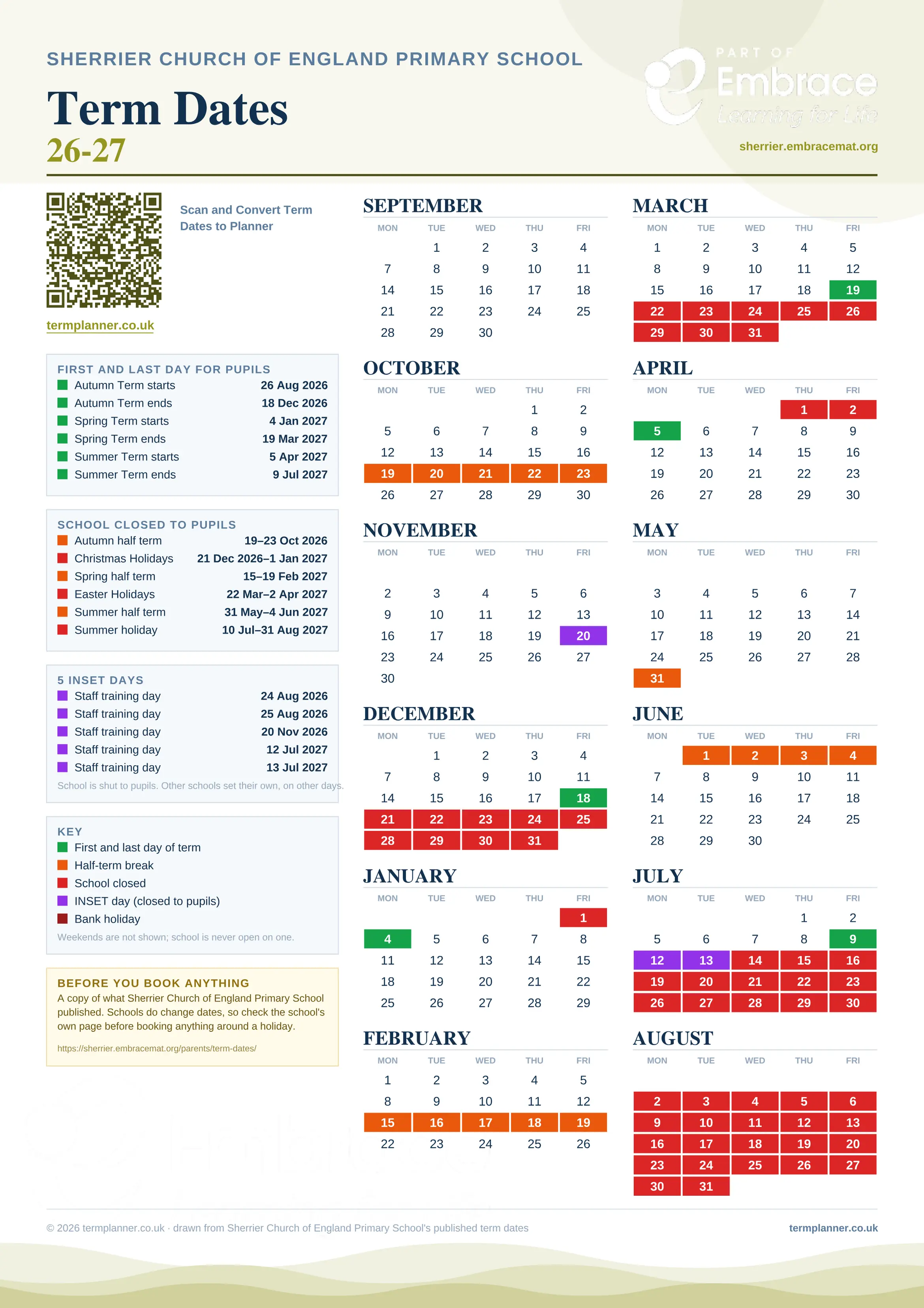 Sherrier Church of England Primary School’s 2026/27 school year drawn as one sheet: twelve month grids from September to August, Monday to Friday, with autumn term 26 August to 18 December 2026, spring term 4 January to 19 March 2027, summer term 5 April to 9 July 2027. Half terms, holidays and bank holidays are filled in colour, the first and last day of each term is marked, 5 INSET days are picked out, and every date is listed again in words down the left.