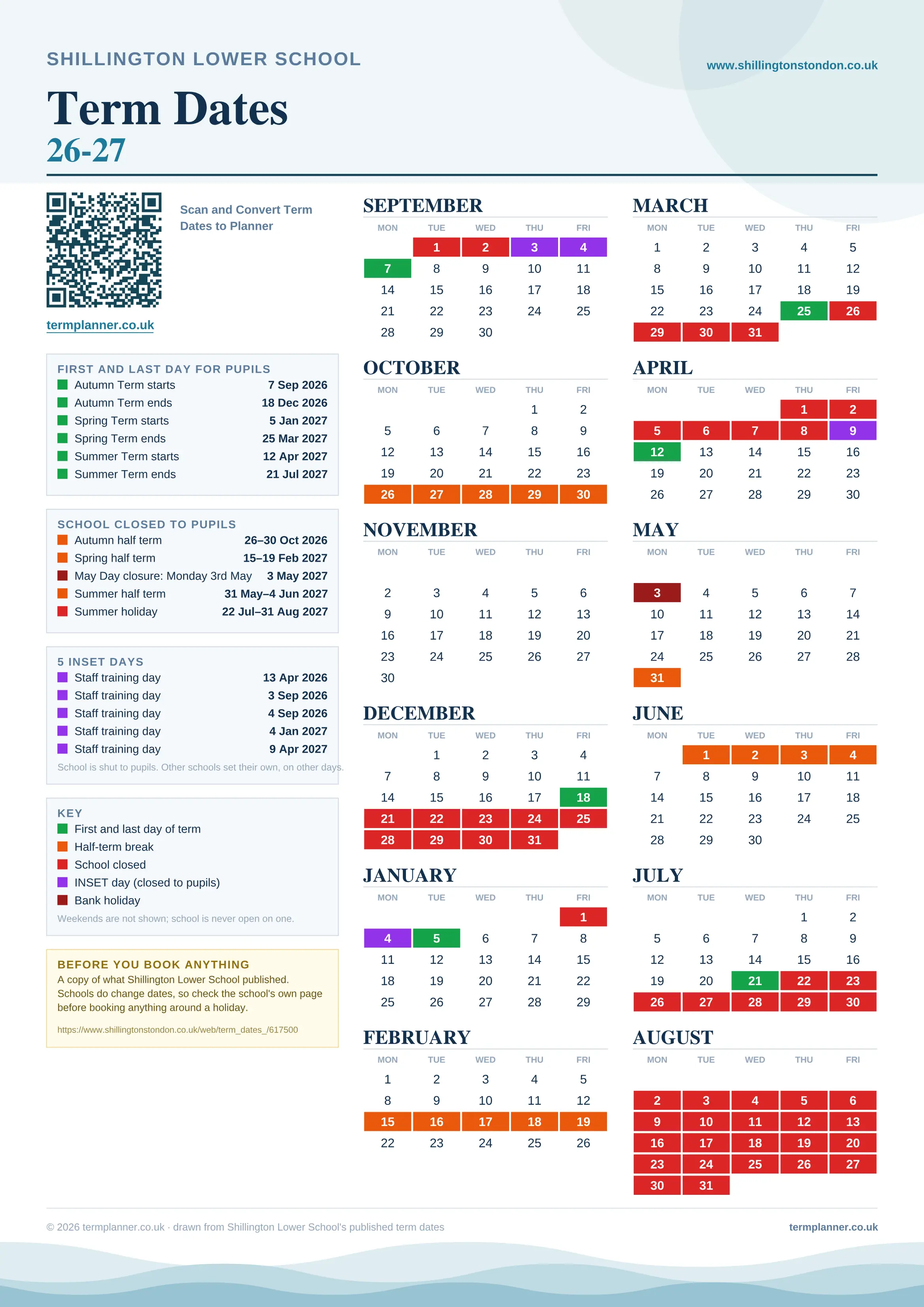 Shillington Lower School’s 2026/27 school year drawn as one sheet: twelve month grids from September to August, Monday to Friday, with autumn term 7 September to 18 December 2026, spring term 5 January to 25 March 2027, summer term 12 April to 21 July 2027. Half terms, holidays and bank holidays are filled in colour, the first and last day of each term is marked, 4 INSET days are picked out, and every date is listed again in words down the left.