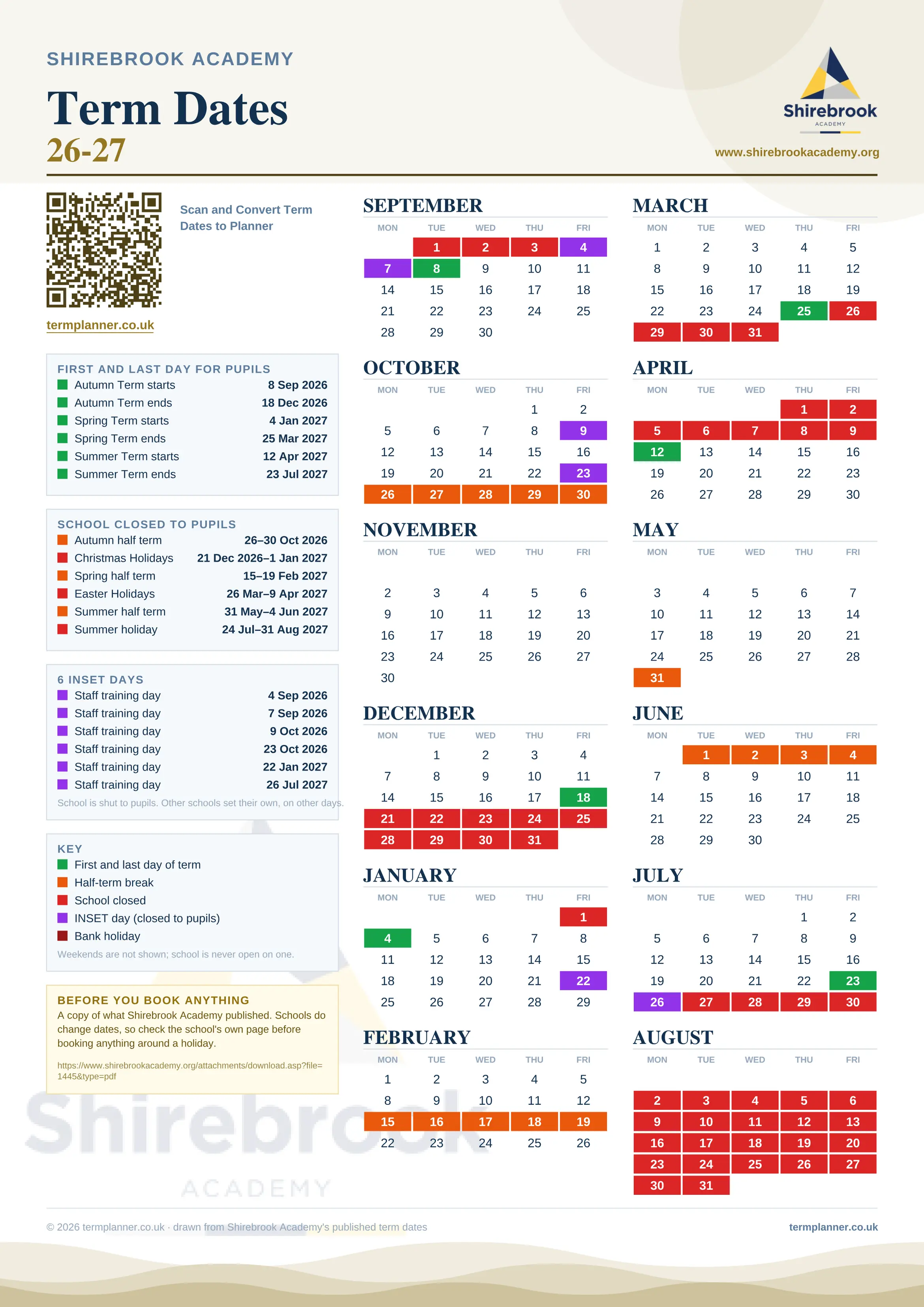 Shirebrook Academy’s 2026/27 school year drawn as one sheet: twelve month grids from September to August, Monday to Friday, with autumn term 8 September to 18 December 2026, spring term 4 January to 25 March 2027, summer term 12 April to 23 July 2027. Half terms, holidays and bank holidays are filled in colour, the first and last day of each term is marked, 6 INSET days are picked out, and every date is listed again in words down the left.