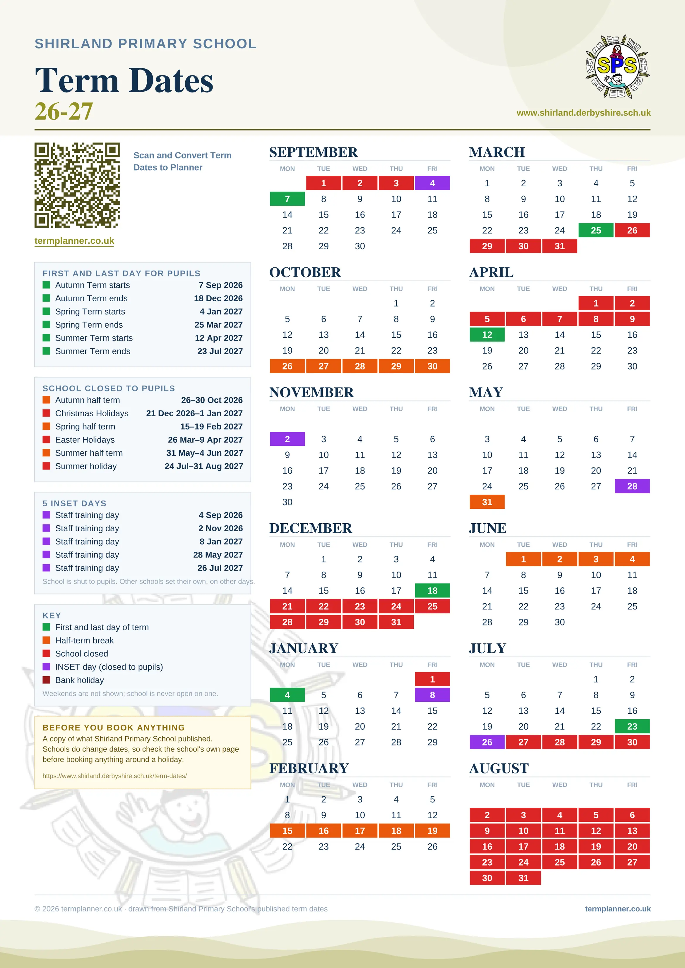 Shirland Primary School’s 2026/27 school year drawn as one sheet: twelve month grids from September to August, Monday to Friday, with autumn term 7 September to 18 December 2026, spring term 4 January to 25 March 2027, summer term 12 April to 23 July 2027. Half terms, holidays and bank holidays are filled in colour, the first and last day of each term is marked, 5 INSET days are picked out, and every date is listed again in words down the left.