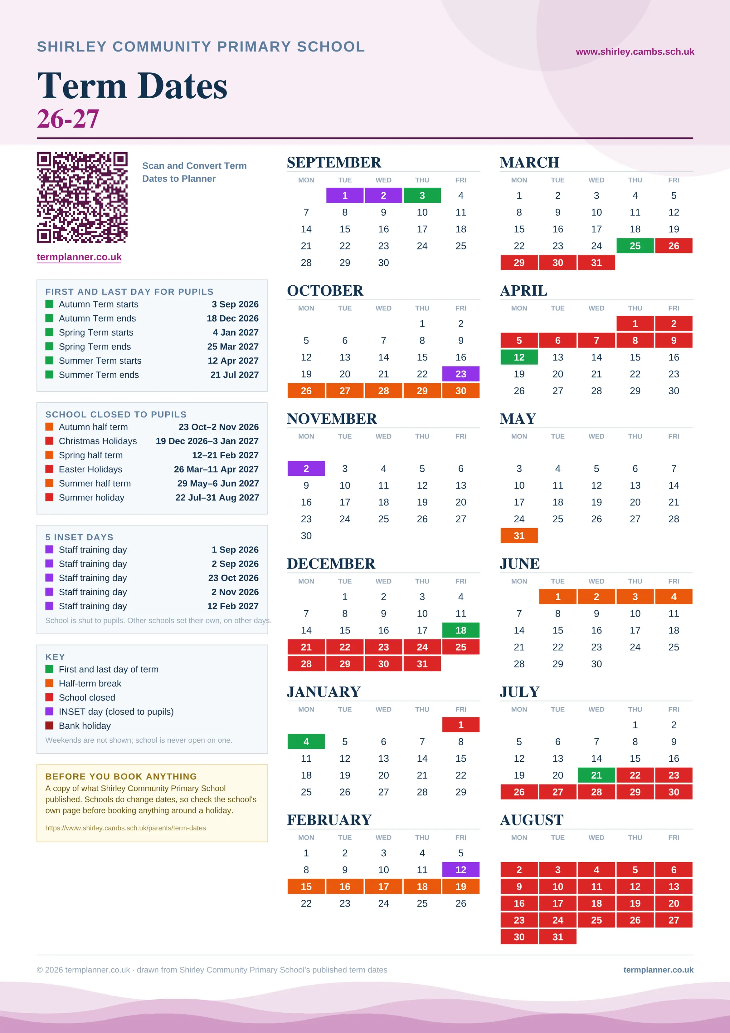 Shirley Community Primary School’s 2026/27 school year drawn as one sheet: twelve month grids from September to August, Monday to Friday, with autumn term 3 September to 18 December 2026, spring term 4 January to 25 March 2027, summer term 12 April to 21 July 2027. Half terms, holidays and bank holidays are filled in colour, the first and last day of each term is marked, 5 INSET days are picked out, and every date is listed again in words down the left.