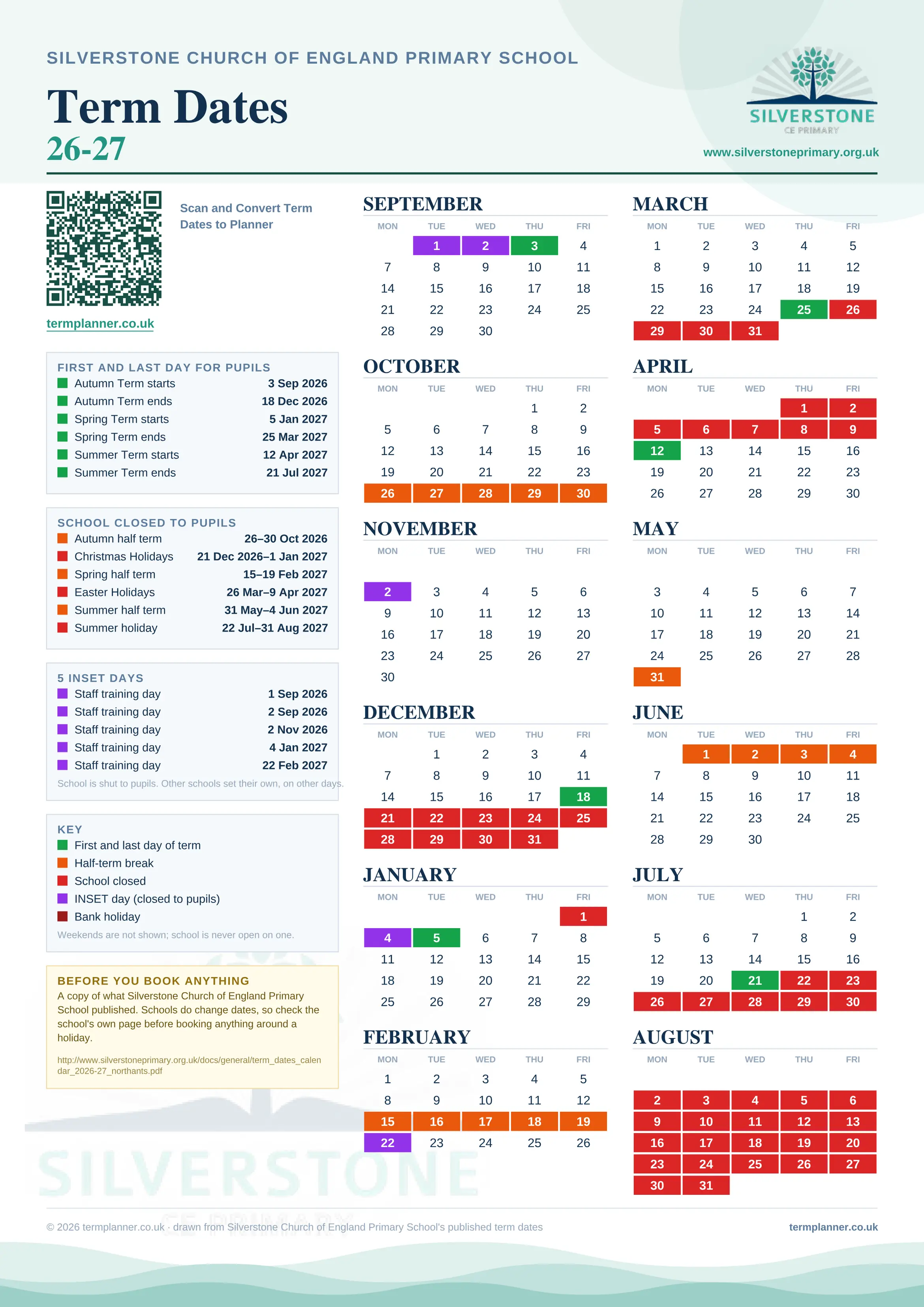 Silverstone Church of England Primary School’s 2026/27 school year drawn as one sheet: twelve month grids from September to August, Monday to Friday, with autumn term 3 September to 18 December 2026, spring term 5 January to 25 March 2027, summer term 12 April to 21 July 2027. Half terms, holidays and bank holidays are filled in colour, the first and last day of each term is marked, 5 INSET days are picked out, and every date is listed again in words down the left.
