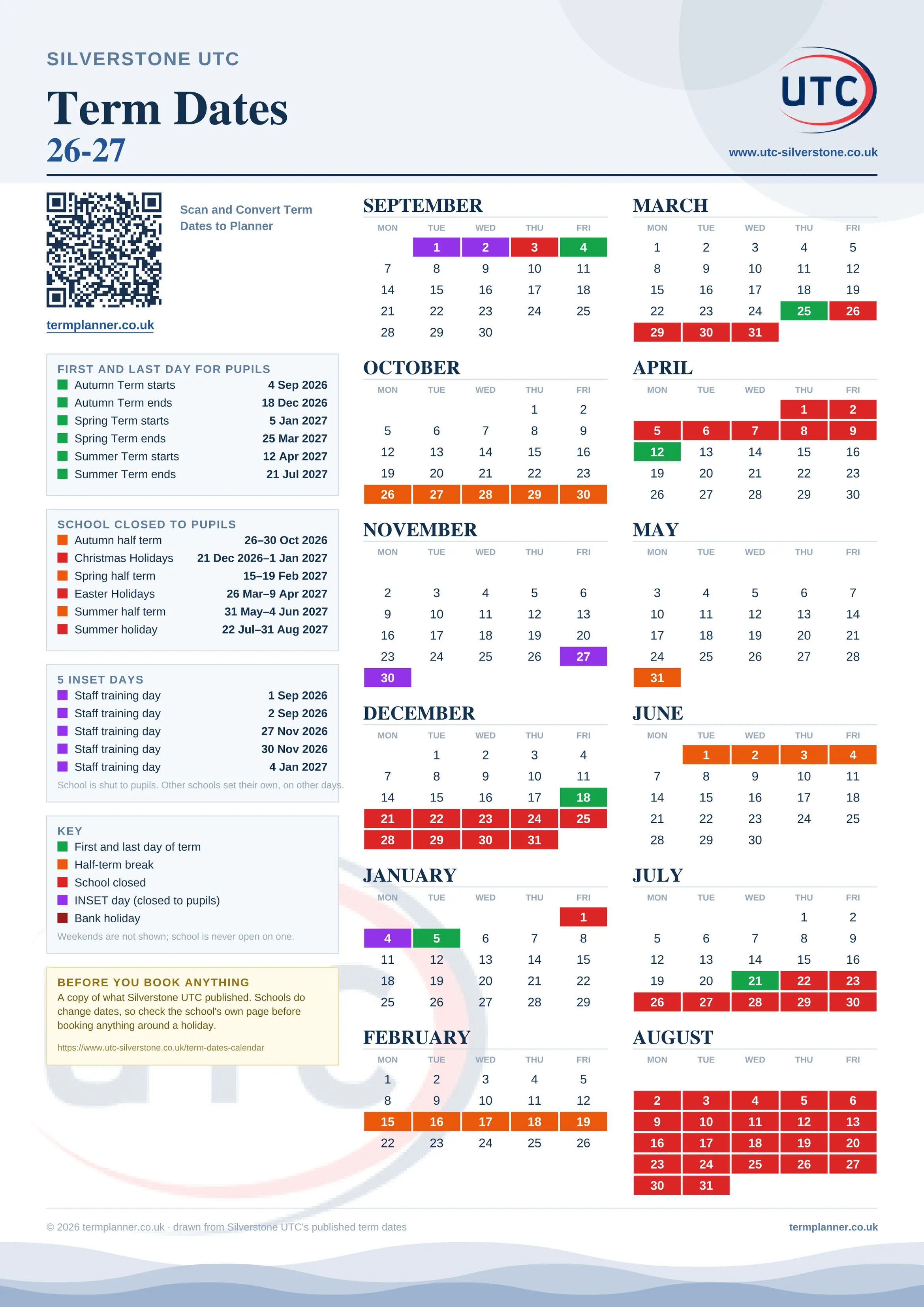 Silverstone UTC’s 2026/27 school year drawn as one sheet: twelve month grids from September to August, Monday to Friday, with autumn term 4 September to 18 December 2026, spring term 5 January to 25 March 2027, summer term 12 April to 21 July 2027. Half terms, holidays and bank holidays are filled in colour, the first and last day of each term is marked, 5 INSET days are picked out, and every date is listed again in words down the left.