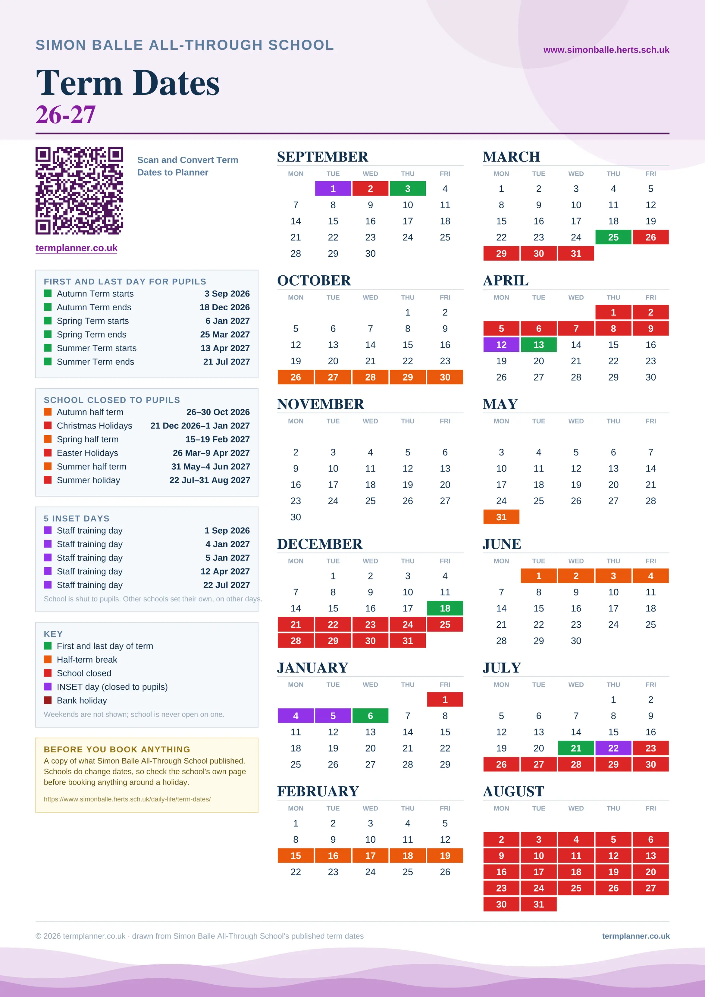 Simon Balle All-Through School’s 2026/27 school year drawn as one sheet: twelve month grids from September to August, Monday to Friday, with autumn term 3 September to 18 December 2026, spring term 6 January to 25 March 2027, summer term 13 April to 21 July 2027. Half terms, holidays and bank holidays are filled in colour, the first and last day of each term is marked, 5 INSET days are picked out, and every date is listed again in words down the left.
