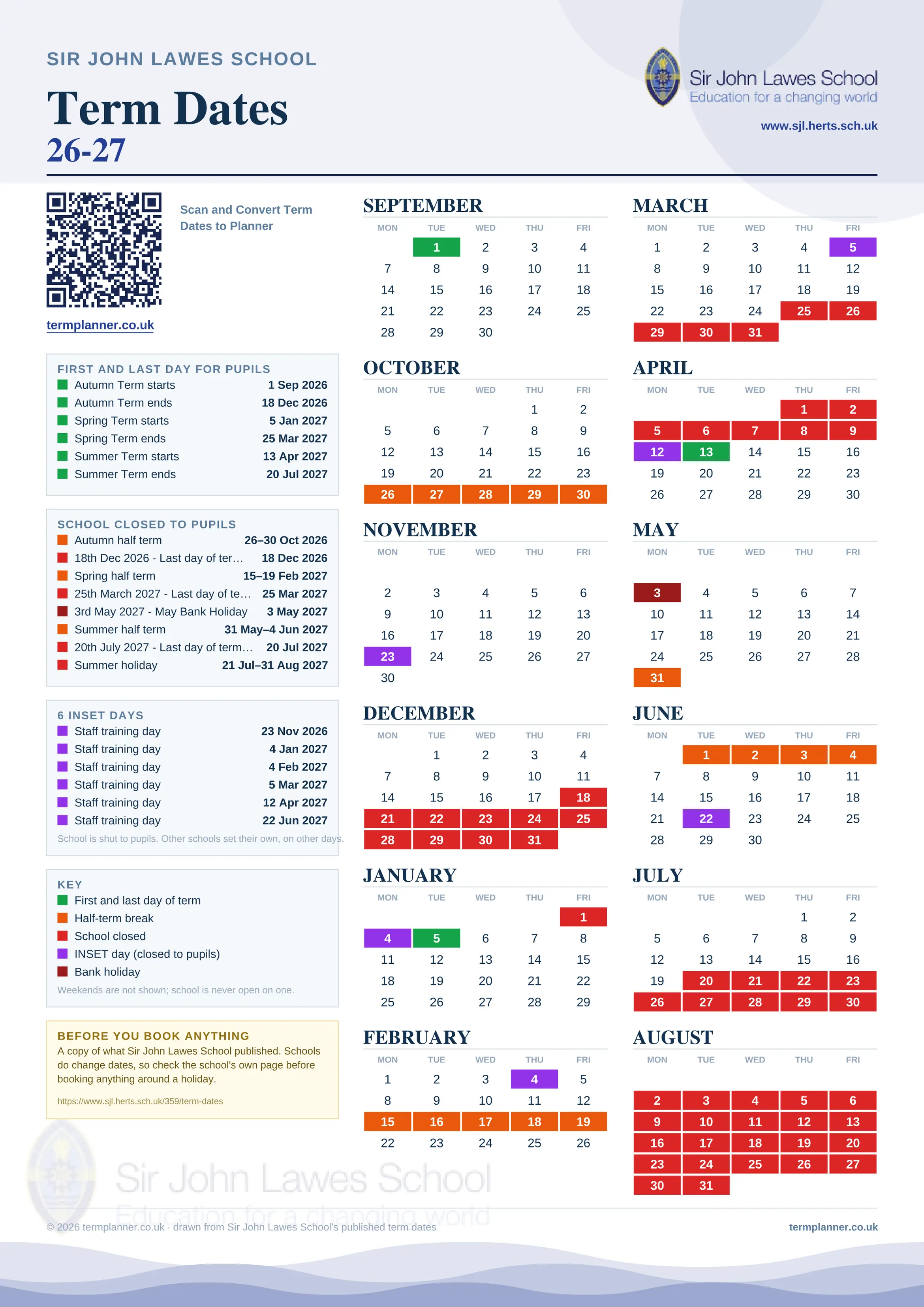 Sir John Lawes School’s 2026/27 school year drawn as one sheet: twelve month grids from September to August, Monday to Friday, with autumn term 1 September to 18 December 2026, spring term 5 January to 25 March 2027, summer term 13 April to 20 July 2027. Half terms, holidays and bank holidays are filled in colour, the first and last day of each term is marked, 6 INSET days are picked out, and every date is listed again in words down the left.
