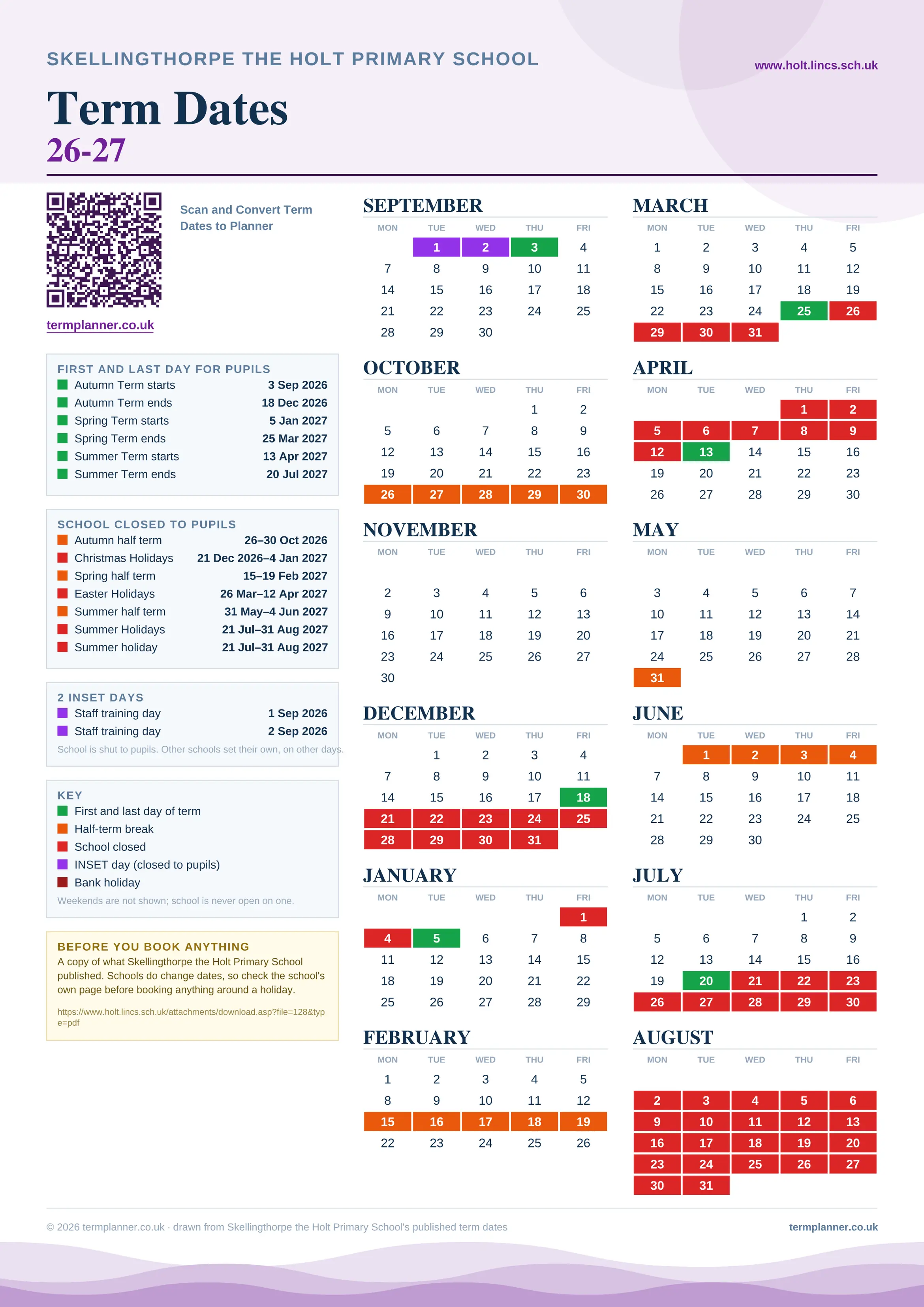 Skellingthorpe the Holt Primary School’s 2026/27 school year drawn as one sheet: twelve month grids from September to August, Monday to Friday, with autumn term 3 September to 18 December 2026, spring term 5 January to 25 March 2027, summer term 13 April to 20 July 2027. Half terms, holidays and bank holidays are filled in colour, the first and last day of each term is marked, 2 INSET days are picked out, and every date is listed again in words down the left.