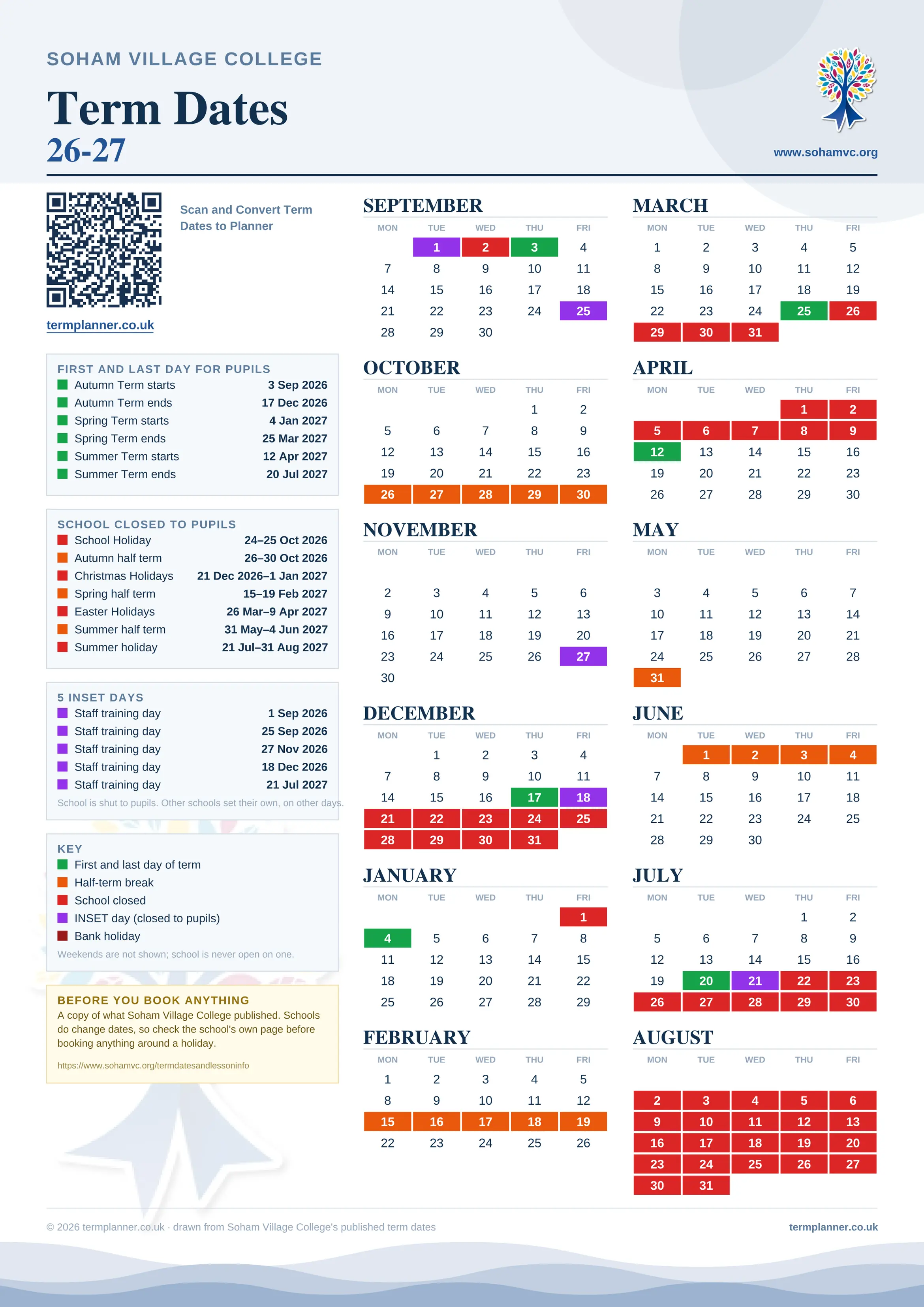 Soham Village College’s 2026/27 school year drawn as one sheet: twelve month grids from September to August, Monday to Friday, with autumn term 3 September to 17 December 2026, spring term 4 January to 25 March 2027, summer term 12 April to 20 July 2027. Half terms, holidays and bank holidays are filled in colour, the first and last day of each term is marked, 5 INSET days are picked out, and every date is listed again in words down the left.