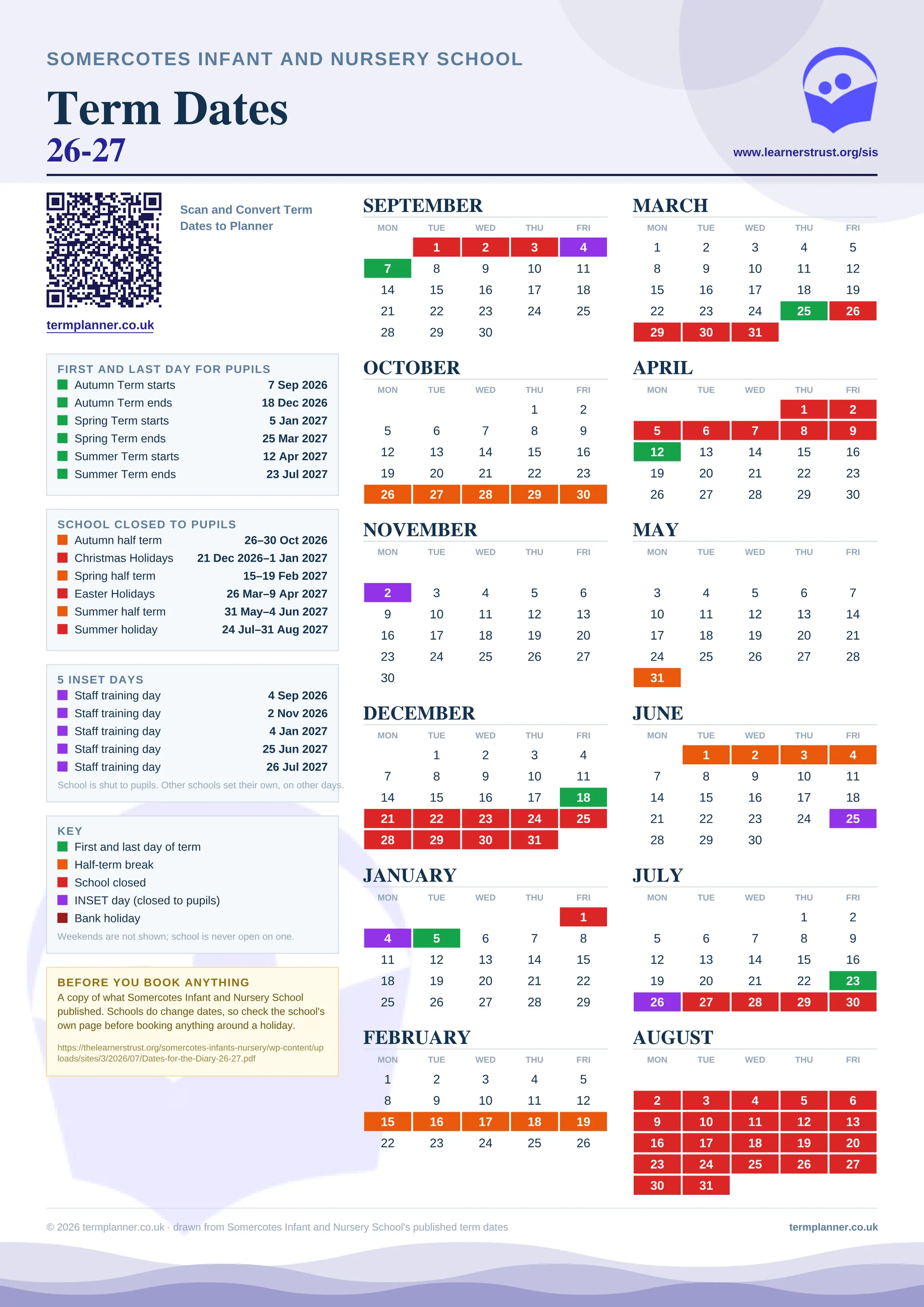 Somercotes Infant and Nursery School’s 2026/27 school year drawn as one sheet: twelve month grids from September to August, Monday to Friday, with autumn term 7 September to 18 December 2026, spring term 5 January to 25 March 2027, summer term 12 April to 23 July 2027. Half terms, holidays and bank holidays are filled in colour, the first and last day of each term is marked, 5 INSET days are picked out, and every date is listed again in words down the left.