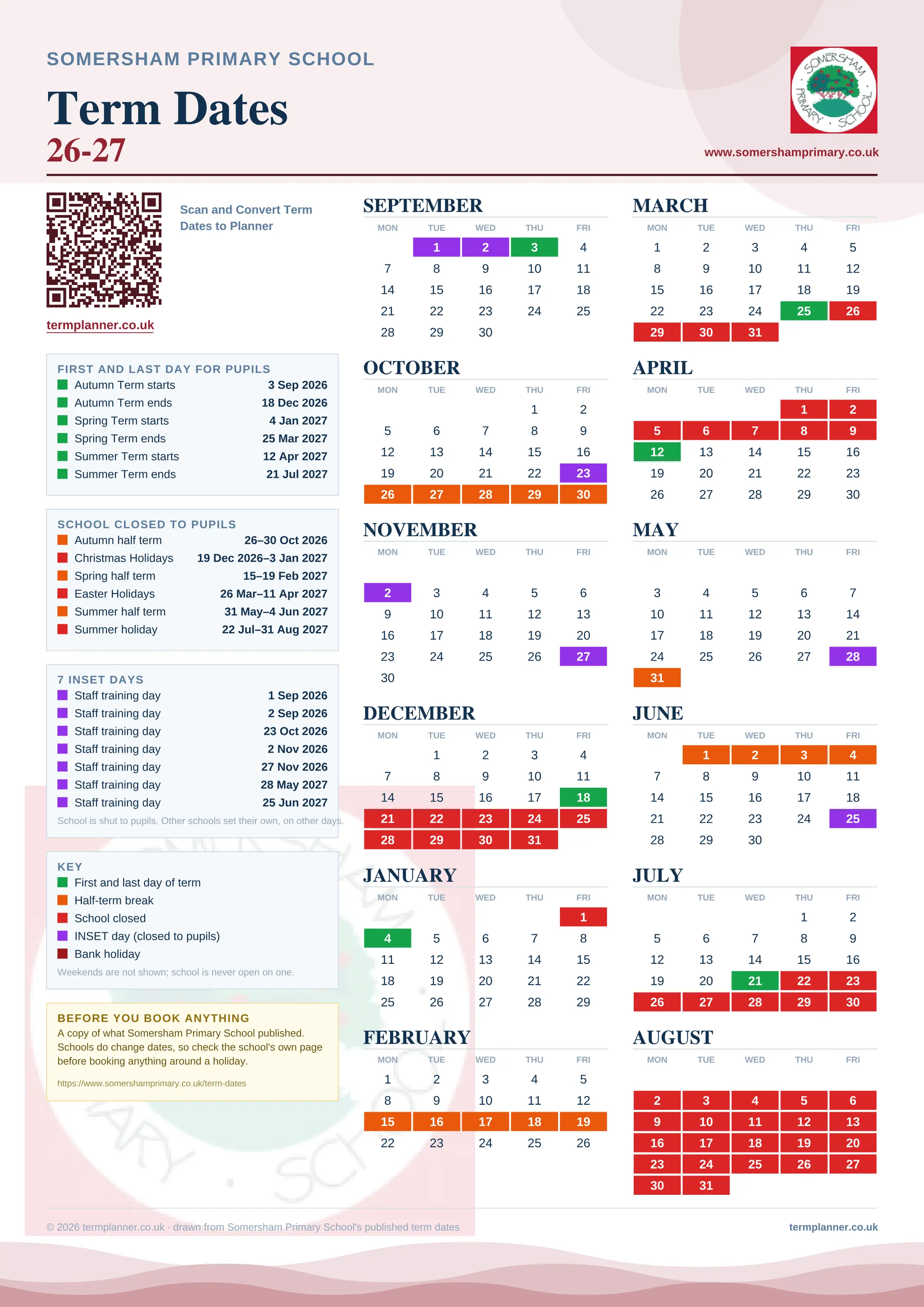 Somersham Primary School’s 2026/27 school year drawn as one sheet: twelve month grids from September to August, Monday to Friday, with autumn term 3 September to 18 December 2026, spring term 4 January to 25 March 2027, summer term 12 April to 21 July 2027. Half terms, holidays and bank holidays are filled in colour, the first and last day of each term is marked, 7 INSET days are picked out, and every date is listed again in words down the left.
