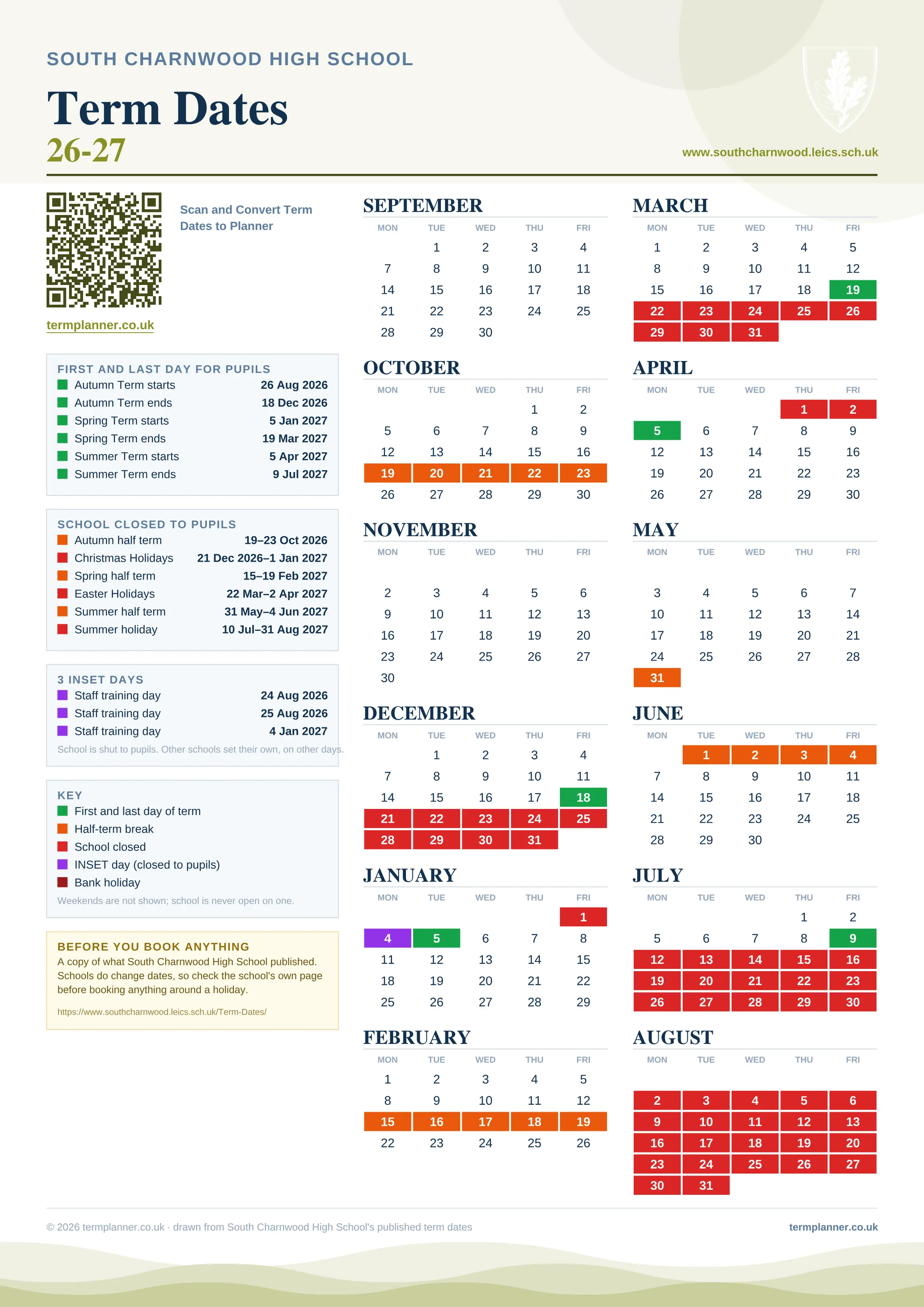 South Charnwood High School’s 2026/27 school year drawn as one sheet: twelve month grids from September to August, Monday to Friday, with autumn term 26 August to 18 December 2026, spring term 5 January to 19 March 2027, summer term 5 April to 9 July 2027. Half terms, holidays and bank holidays are filled in colour, the first and last day of each term is marked, 3 INSET days are picked out, and every date is listed again in words down the left.