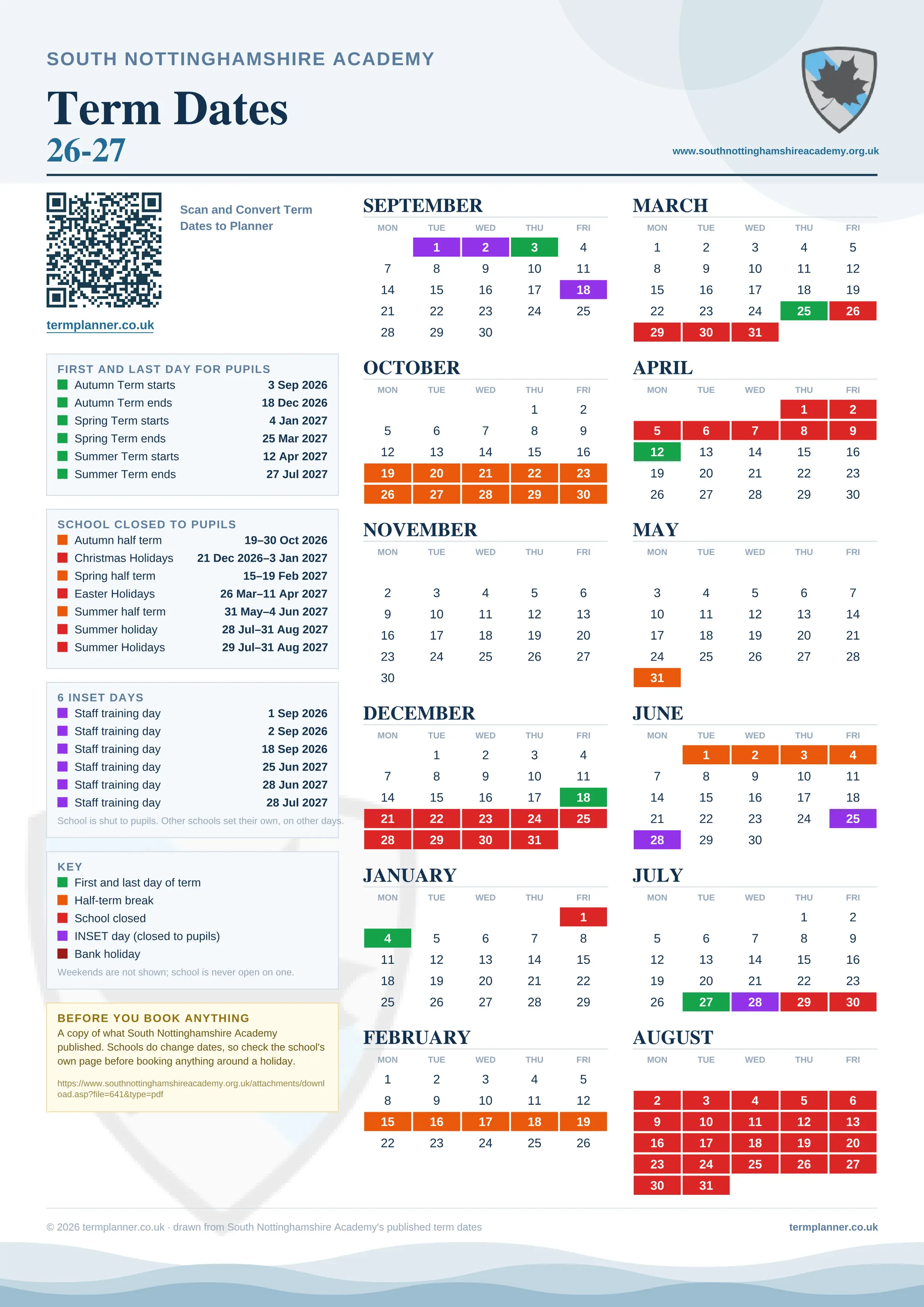 South Nottinghamshire Academy’s 2026/27 school year drawn as one sheet: twelve month grids from September to August, Monday to Friday, with autumn term 3 September to 18 December 2026, spring term 4 January to 25 March 2027, summer term 12 April to 27 July 2027. Half terms, holidays and bank holidays are filled in colour, the first and last day of each term is marked, 6 INSET days are picked out, and every date is listed again in words down the left.