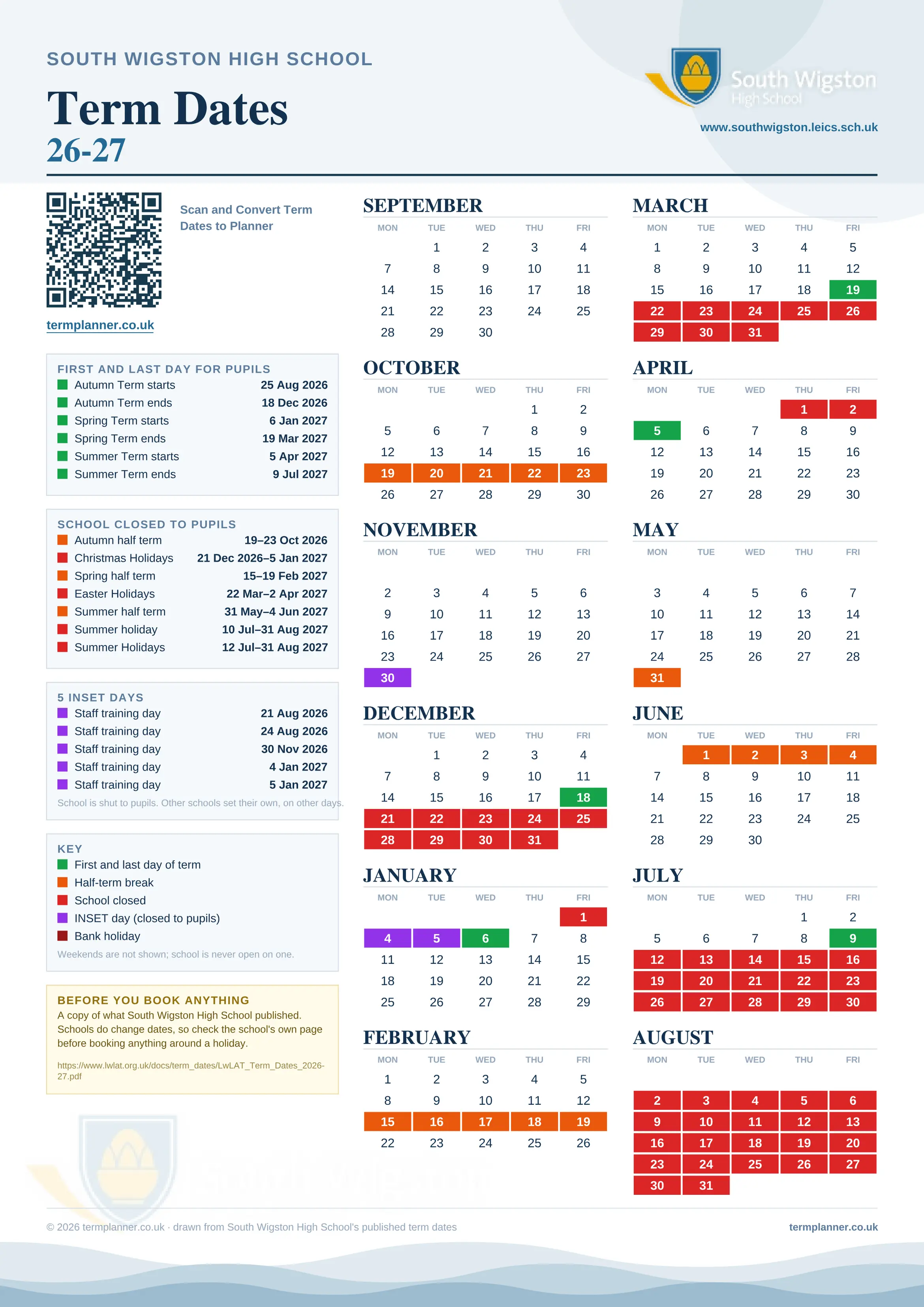 South Wigston High School’s 2026/27 school year drawn as one sheet: twelve month grids from September to August, Monday to Friday, with autumn term 25 August to 18 December 2026, spring term 6 January to 19 March 2027, summer term 5 April to 9 July 2027. Half terms, holidays and bank holidays are filled in colour, the first and last day of each term is marked, 5 INSET days are picked out, and every date is listed again in words down the left.