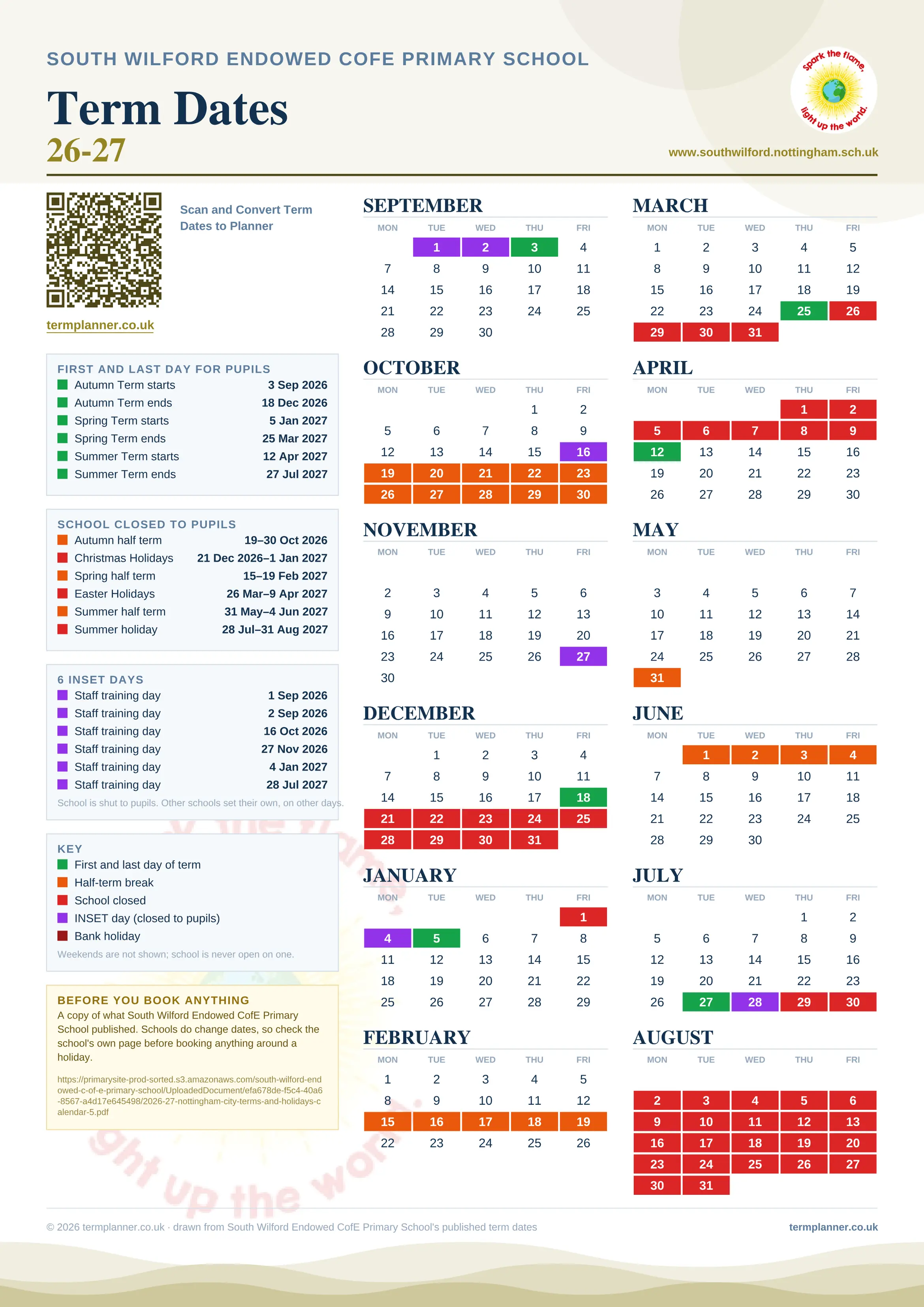 South Wilford Endowed CofE Primary School’s 2026/27 school year drawn as one sheet: twelve month grids from September to August, Monday to Friday, with autumn term 3 September to 18 December 2026, spring term 5 January to 25 March 2027, summer term 12 April to 27 July 2027. Half terms, holidays and bank holidays are filled in colour, the first and last day of each term is marked, 6 INSET days are picked out, and every date is listed again in words down the left.