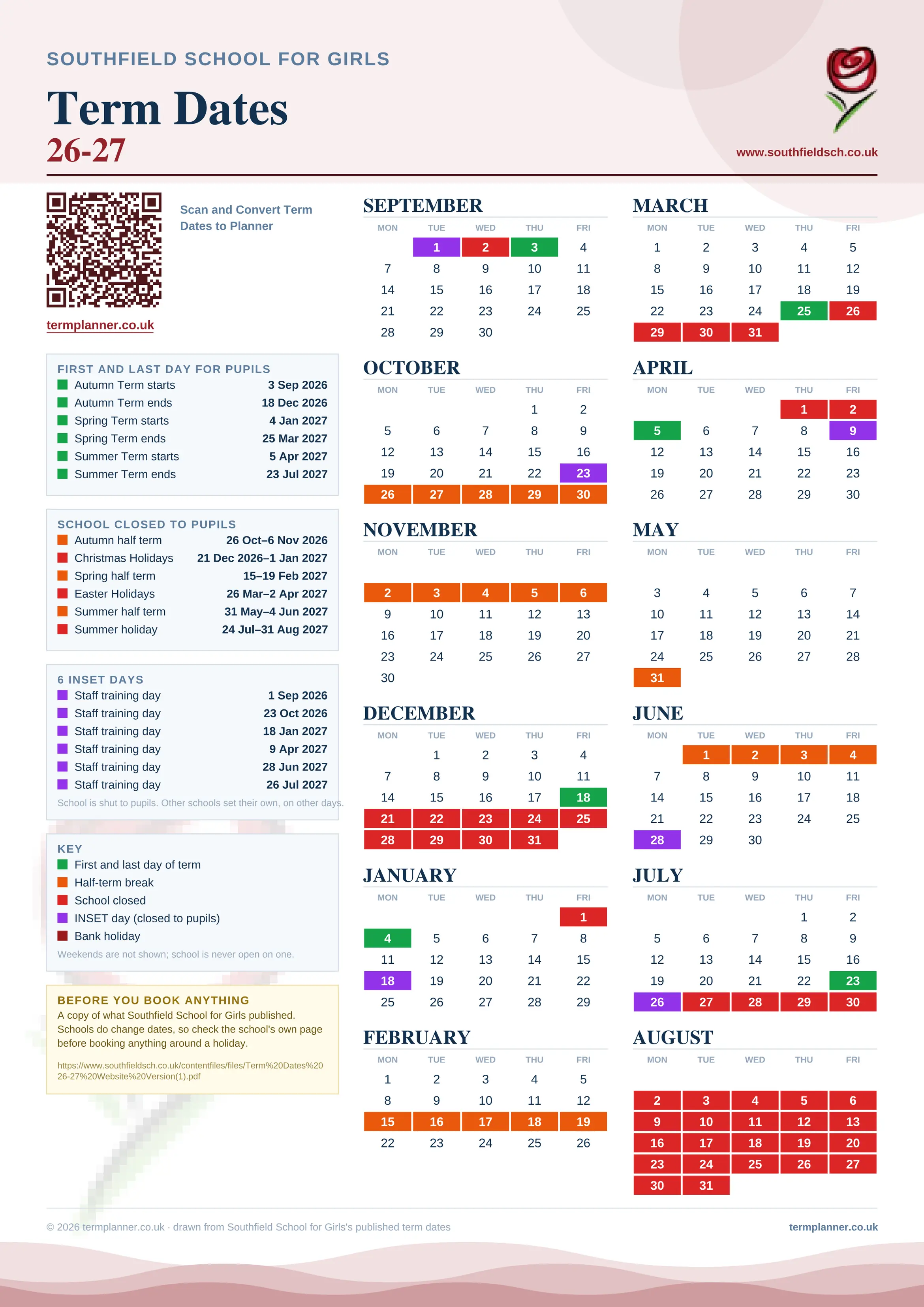 Southfield School for Girls’s 2026/27 school year drawn as one sheet: twelve month grids from September to August, Monday to Friday, with autumn term 3 September to 18 December 2026, spring term 4 January to 25 March 2027, summer term 5 April to 23 July 2027. Half terms, holidays and bank holidays are filled in colour, the first and last day of each term is marked, 6 INSET days are picked out, and every date is listed again in words down the left.