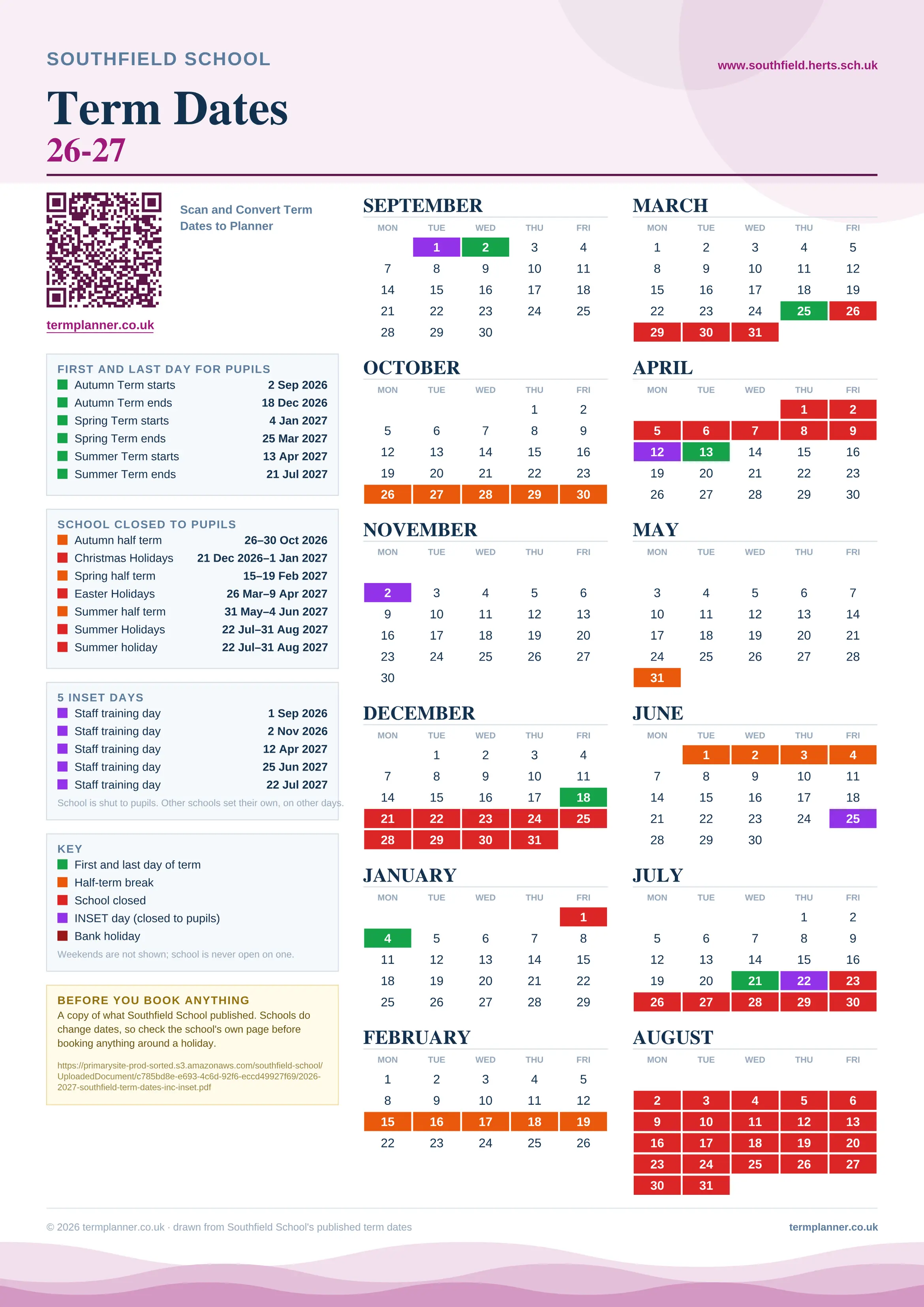Southfield School’s 2026/27 school year drawn as one sheet: twelve month grids from September to August, Monday to Friday, with autumn term 2 September to 18 December 2026, spring term 4 January to 25 March 2027, summer term 13 April to 21 July 2027. Half terms, holidays and bank holidays are filled in colour, the first and last day of each term is marked, 5 INSET days are picked out, and every date is listed again in words down the left.