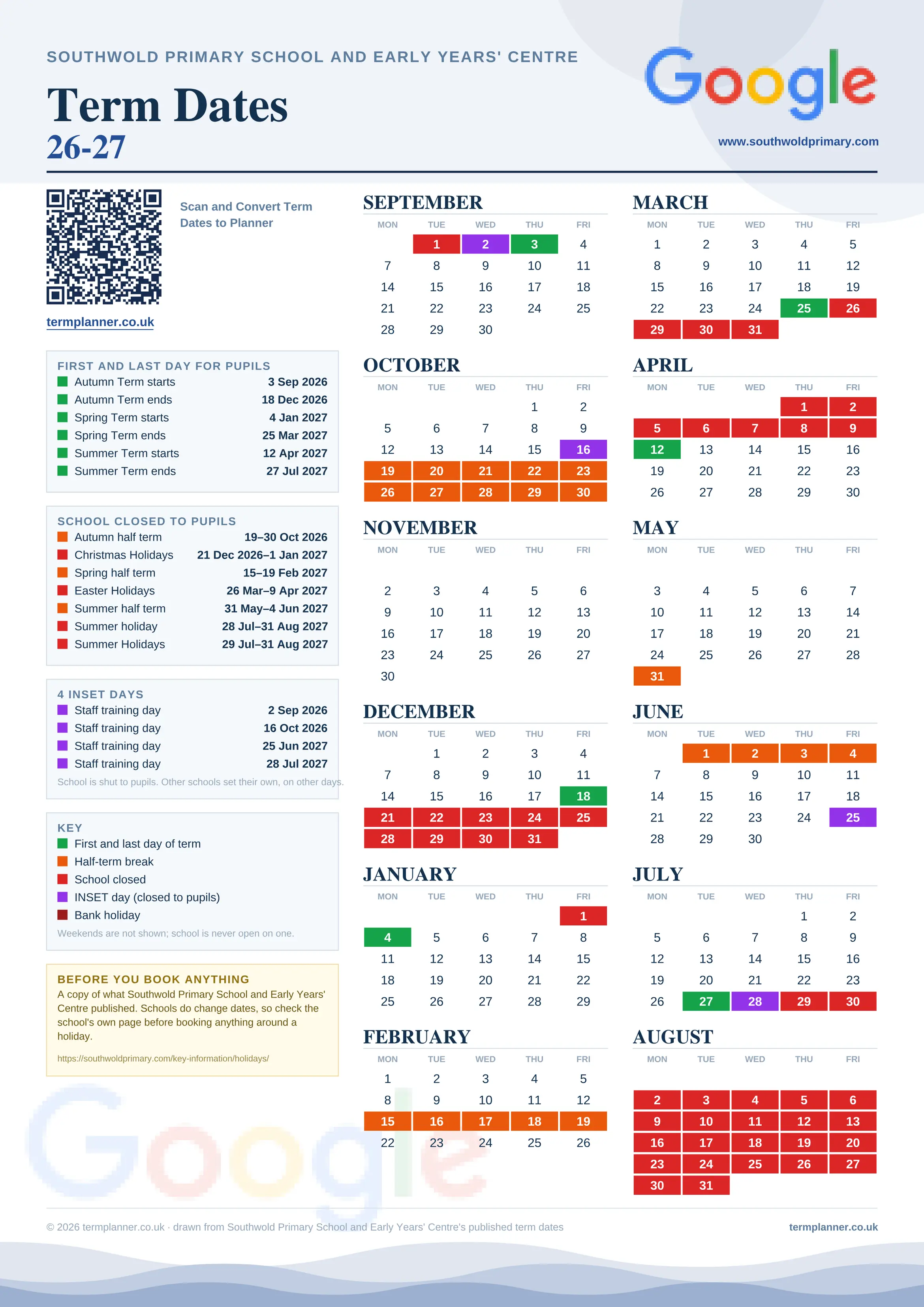 Southwold Primary School and Early Years' Centre’s 2026/27 school year drawn as one sheet: twelve month grids from September to August, Monday to Friday, with autumn term 3 September to 18 December 2026, spring term 4 January to 25 March 2027, summer term 12 April to 27 July 2027. Half terms, holidays and bank holidays are filled in colour, the first and last day of each term is marked, 4 INSET days are picked out, and every date is listed again in words down the left.