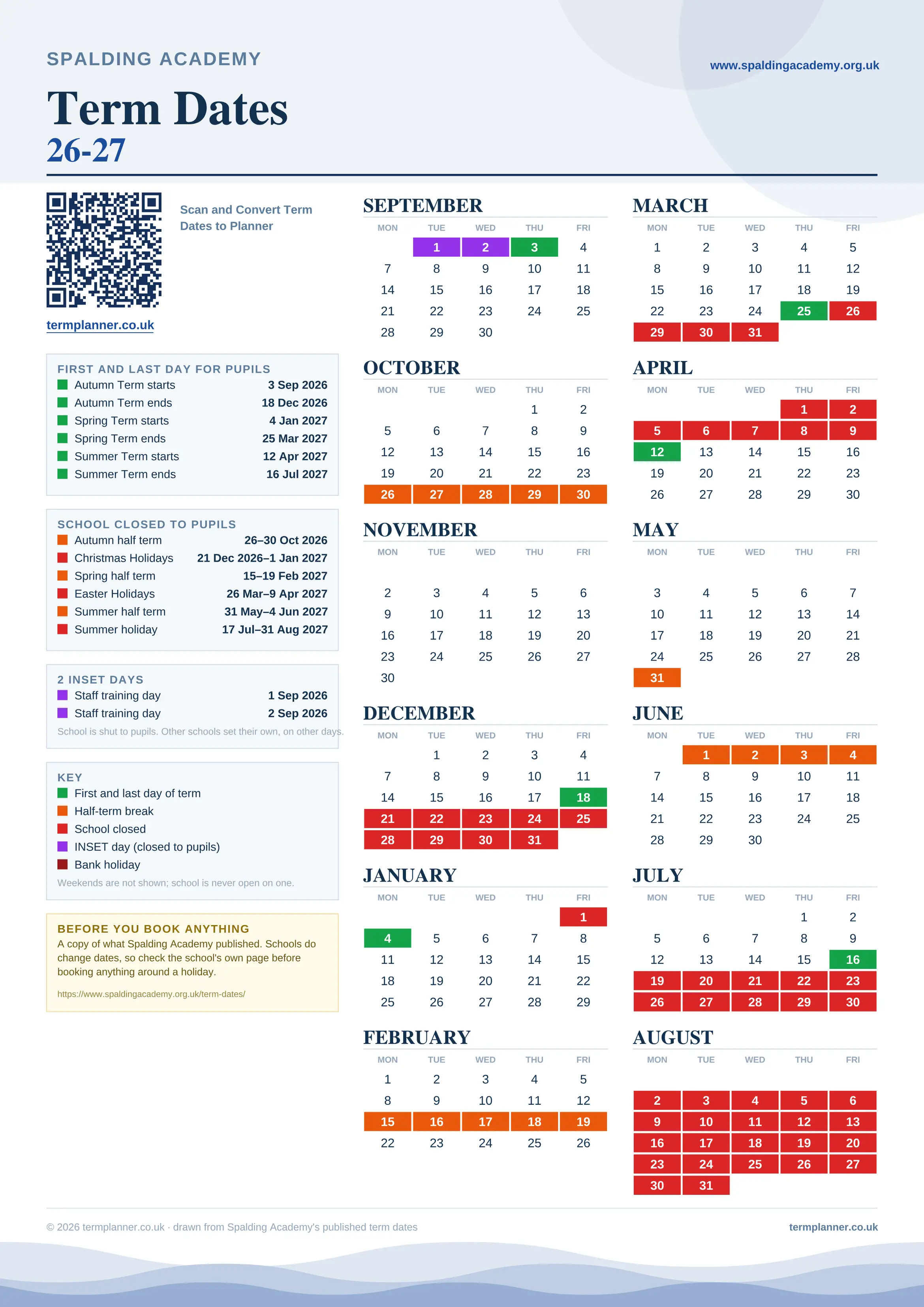Spalding Academy’s 2026/27 school year drawn as one sheet: twelve month grids from September to August, Monday to Friday, with autumn term 3 September to 18 December 2026, spring term 4 January to 25 March 2027, summer term 12 April to 16 July 2027. Half terms, holidays and bank holidays are filled in colour, the first and last day of each term is marked, 2 INSET days are picked out, and every date is listed again in words down the left.