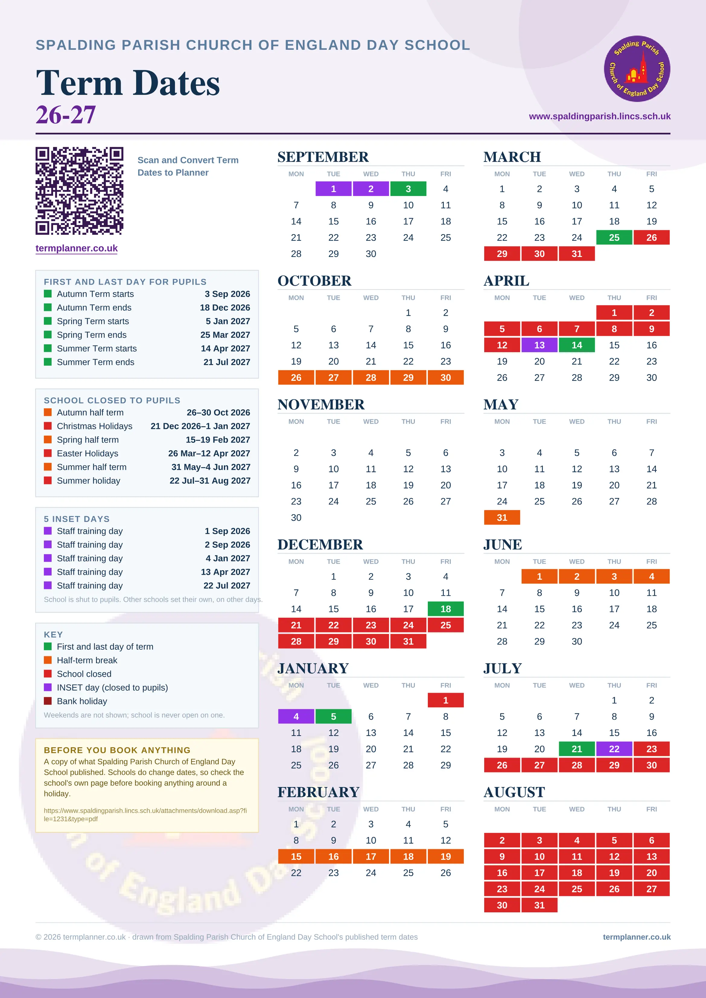 Spalding Parish Church of England Day School’s 2026/27 school year drawn as one sheet: twelve month grids from September to August, Monday to Friday, with autumn term 3 September to 18 December 2026, spring term 5 January to 25 March 2027, summer term 14 April to 21 July 2027. Half terms, holidays and bank holidays are filled in colour, the first and last day of each term is marked, 5 INSET days are picked out, and every date is listed again in words down the left.