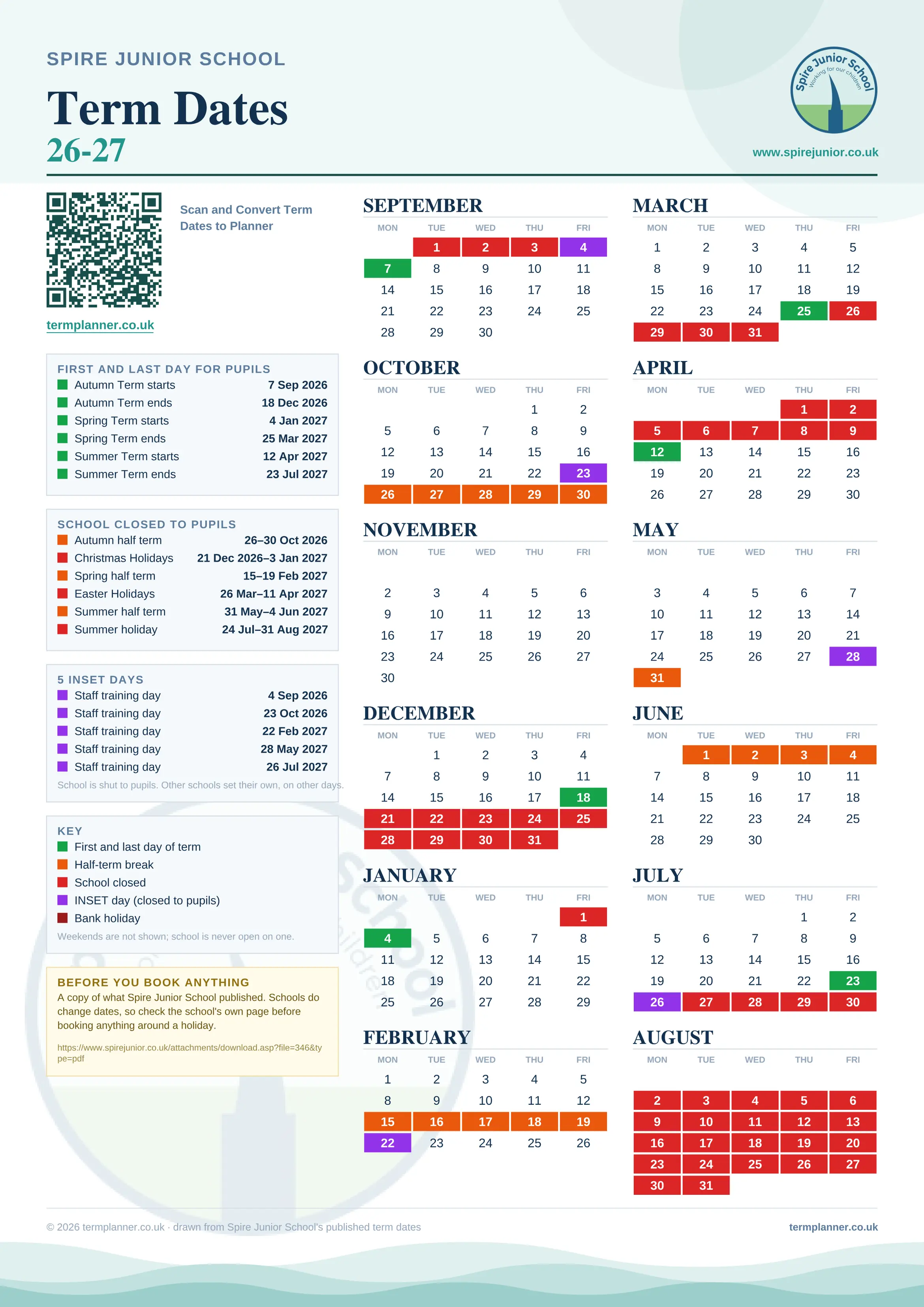 Spire Junior School’s 2026/27 school year drawn as one sheet: twelve month grids from September to August, Monday to Friday, with autumn term 7 September to 18 December 2026, spring term 4 January to 25 March 2027, summer term 12 April to 23 July 2027. Half terms, holidays and bank holidays are filled in colour, the first and last day of each term is marked, 5 INSET days are picked out, and every date is listed again in words down the left.