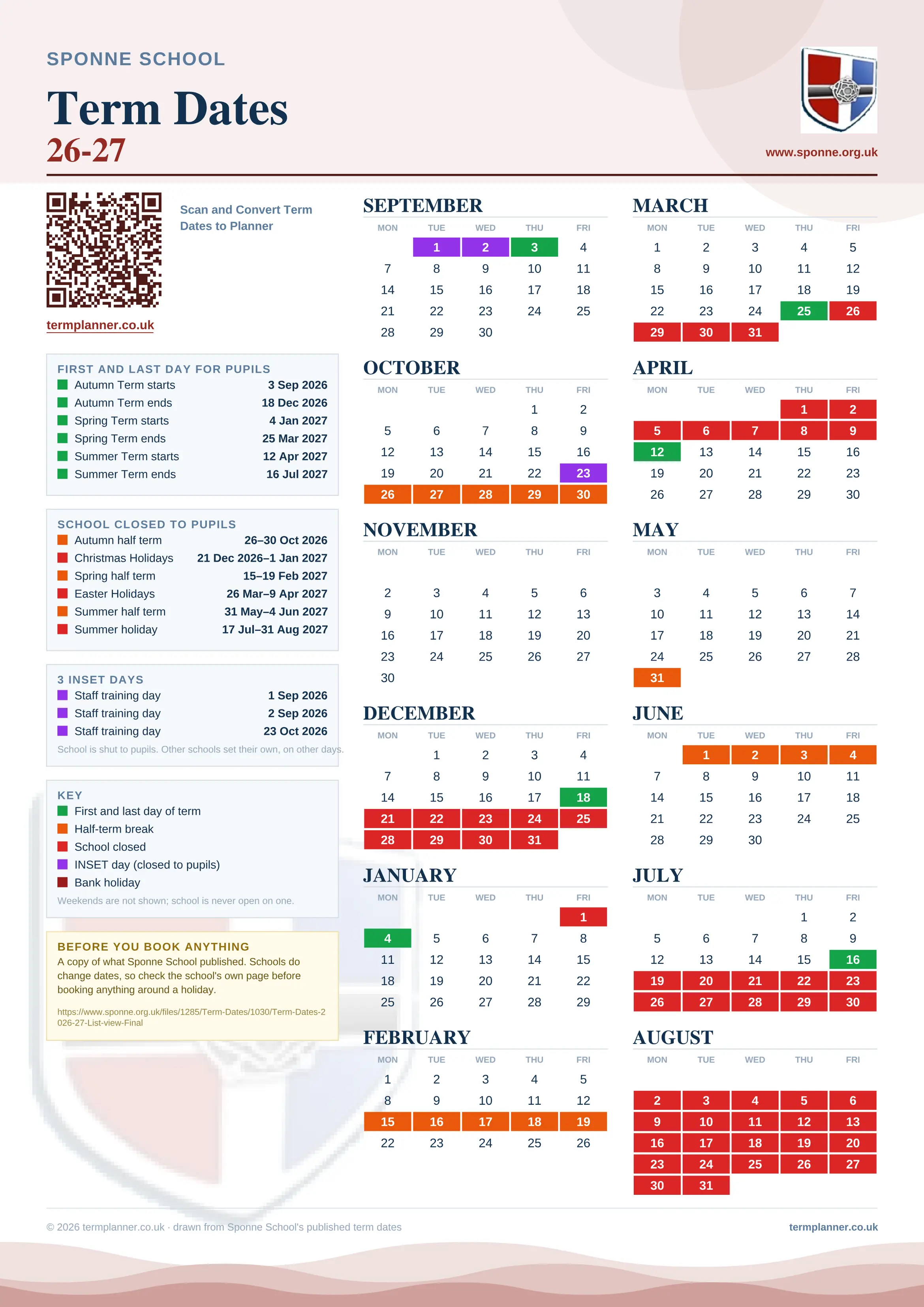 Sponne School’s 2026/27 school year drawn as one sheet: twelve month grids from September to August, Monday to Friday, with autumn term 3 September to 18 December 2026, spring term 4 January to 25 March 2027, summer term 12 April to 16 July 2027. Half terms, holidays and bank holidays are filled in colour, the first and last day of each term is marked, 3 INSET days are picked out, and every date is listed again in words down the left.