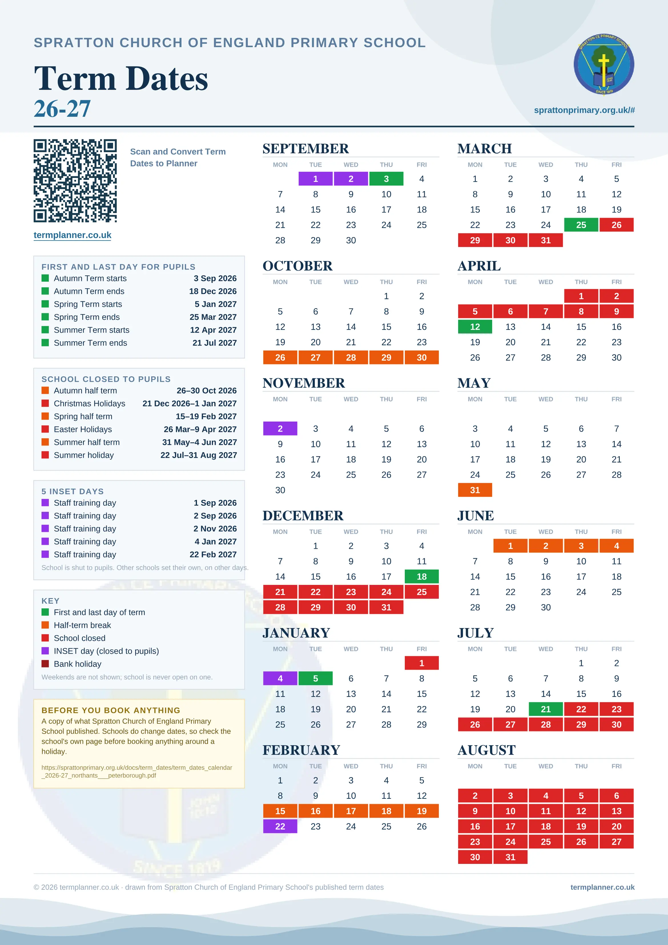 Spratton Church of England Primary School’s 2026/27 school year drawn as one sheet: twelve month grids from September to August, Monday to Friday, with autumn term 3 September to 18 December 2026, spring term 5 January to 25 March 2027, summer term 12 April to 21 July 2027. Half terms, holidays and bank holidays are filled in colour, the first and last day of each term is marked, 5 INSET days are picked out, and every date is listed again in words down the left.