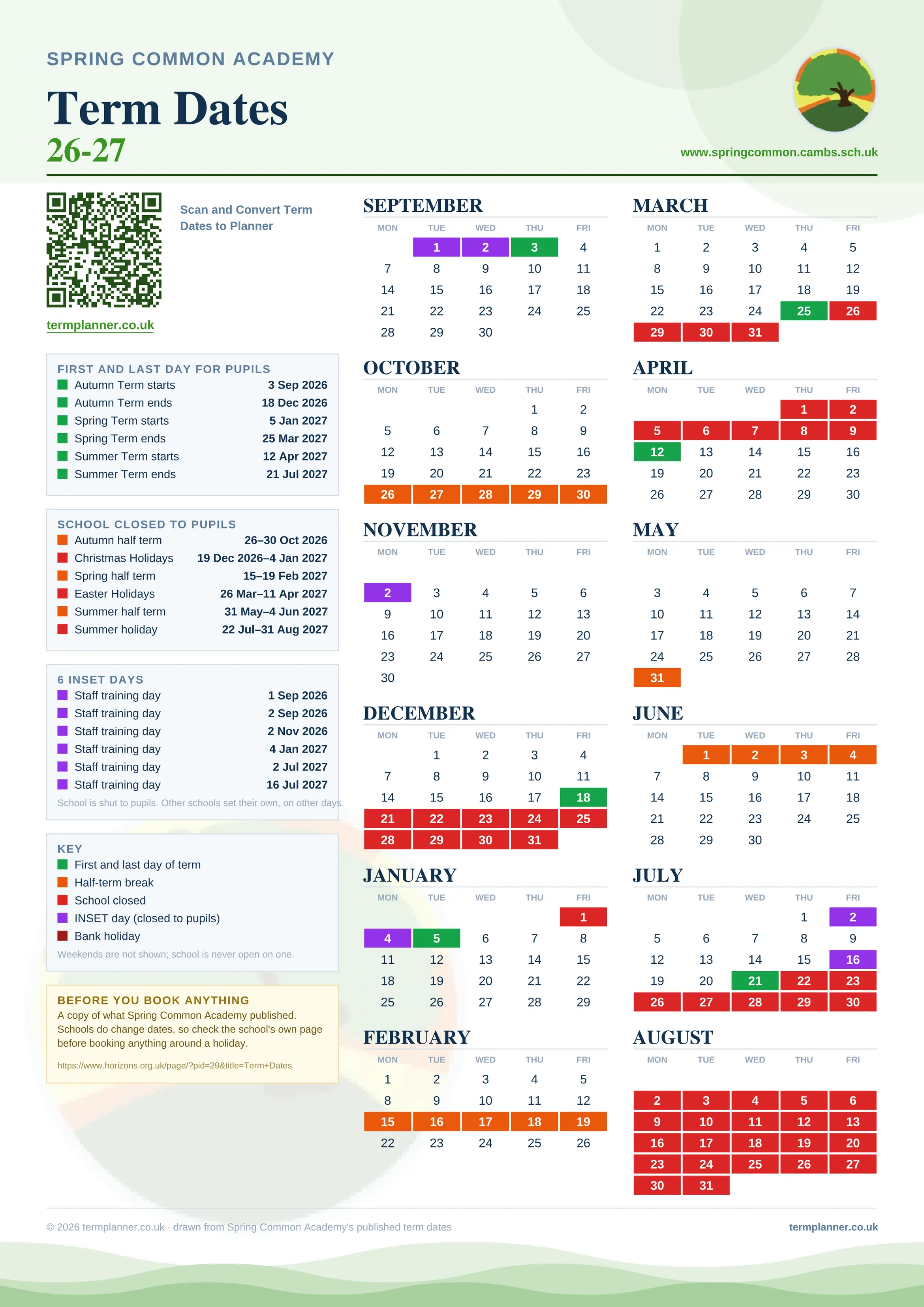 Spring Common Academy’s 2026/27 school year drawn as one sheet: twelve month grids from September to August, Monday to Friday, with autumn term 3 September to 18 December 2026, spring term 5 January to 25 March 2027, summer term 12 April to 21 July 2027. Half terms, holidays and bank holidays are filled in colour, the first and last day of each term is marked, 6 INSET days are picked out, and every date is listed again in words down the left.