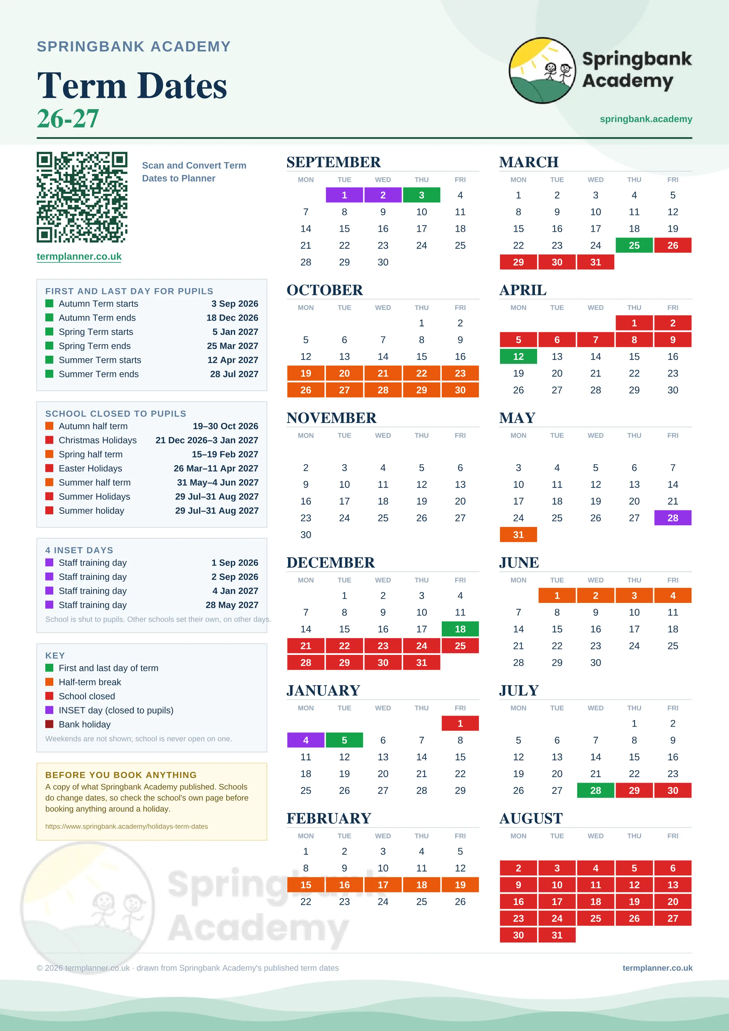 Springbank Academy’s 2026/27 school year drawn as one sheet: twelve month grids from September to August, Monday to Friday, with autumn term 3 September to 18 December 2026, spring term 5 January to 25 March 2027, summer term 12 April to 28 July 2027. Half terms, holidays and bank holidays are filled in colour, the first and last day of each term is marked, 4 INSET days are picked out, and every date is listed again in words down the left.