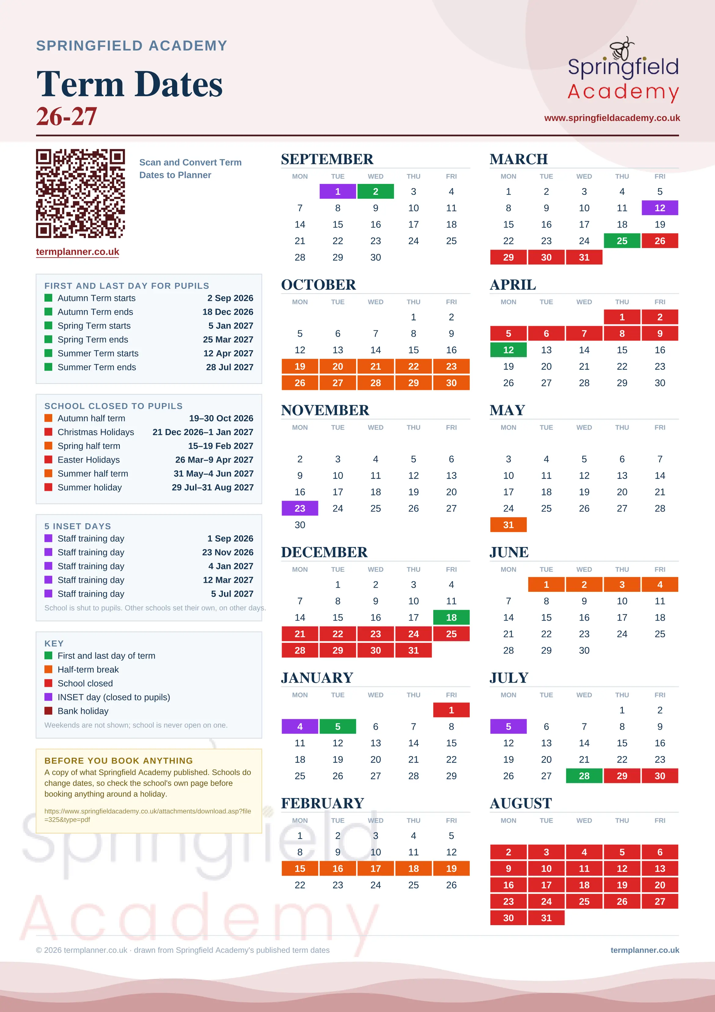 Springfield Academy’s 2026/27 school year drawn as one sheet: twelve month grids from September to August, Monday to Friday, with autumn term 2 September to 18 December 2026, spring term 5 January to 25 March 2027, summer term 12 April to 28 July 2027. Half terms, holidays and bank holidays are filled in colour, the first and last day of each term is marked, 5 INSET days are picked out, and every date is listed again in words down the left.