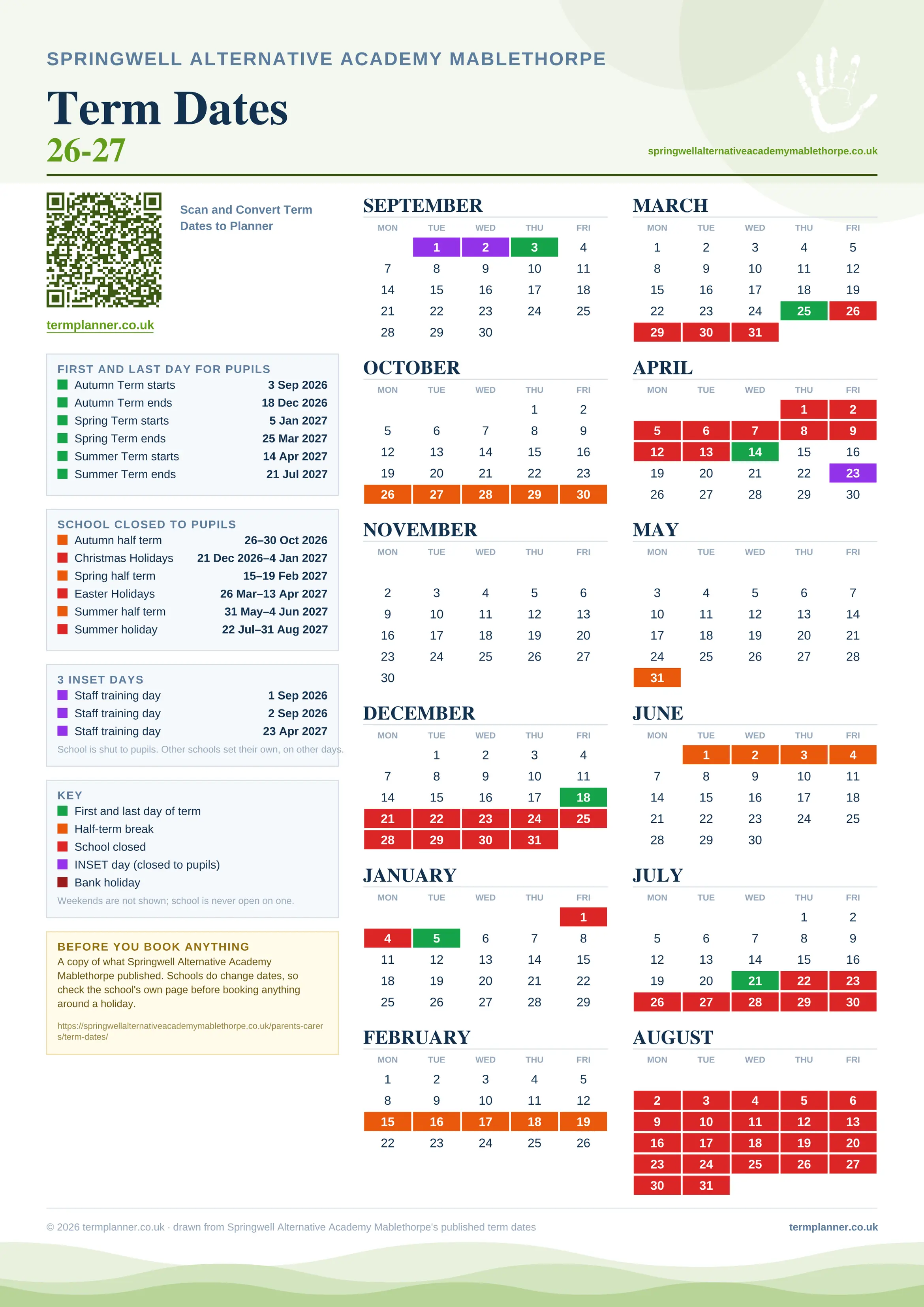 Springwell Alternative Academy Mablethorpe’s 2026/27 school year drawn as one sheet: twelve month grids from September to August, Monday to Friday, with autumn term 3 September to 18 December 2026, spring term 5 January to 25 March 2027, summer term 14 April to 21 July 2027. Half terms, holidays and bank holidays are filled in colour, the first and last day of each term is marked, 3 INSET days are picked out, and every date is listed again in words down the left.