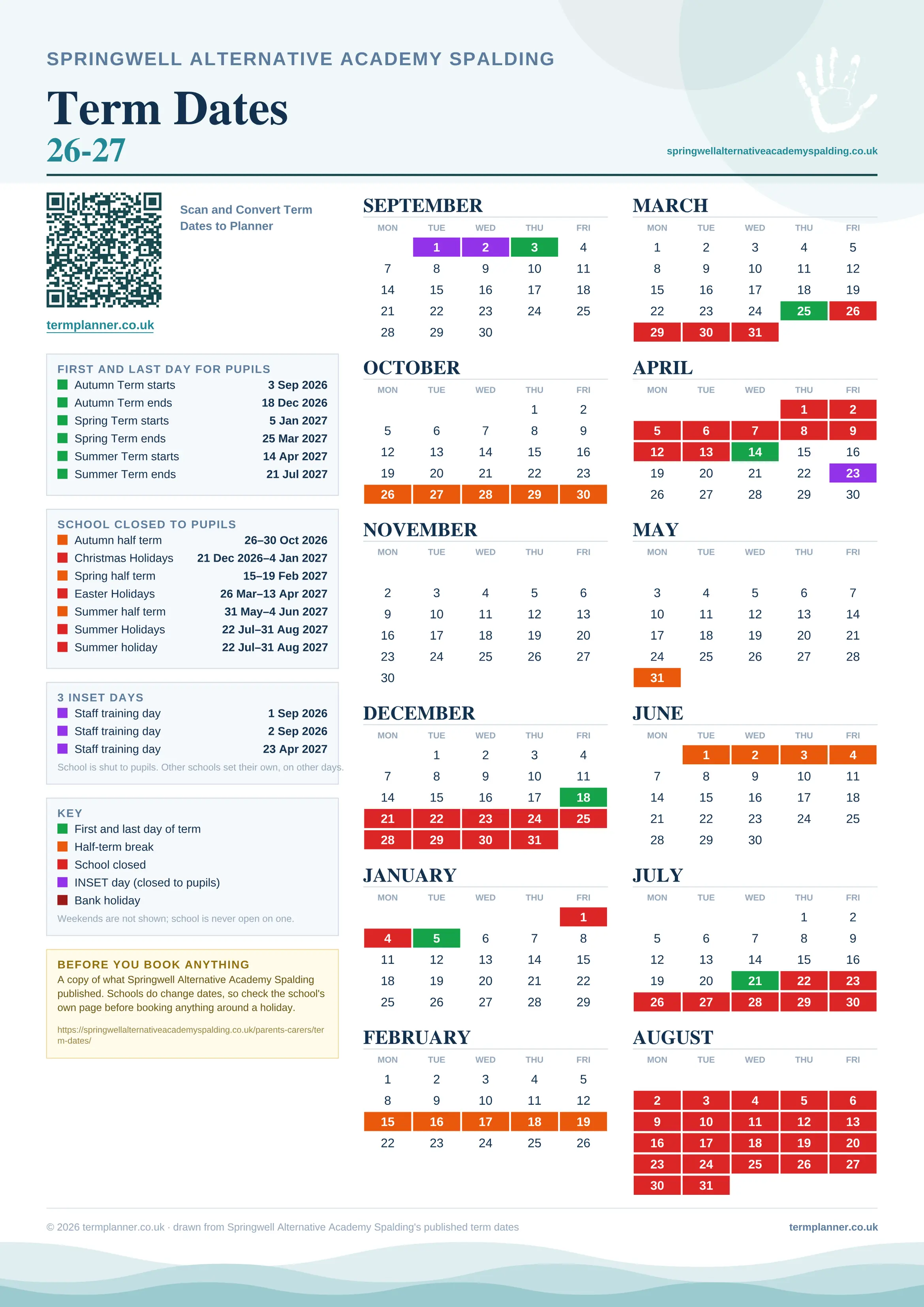 Springwell Alternative Academy Spalding’s 2026/27 school year drawn as one sheet: twelve month grids from September to August, Monday to Friday, with autumn term 3 September to 18 December 2026, spring term 5 January to 25 March 2027, summer term 14 April to 21 July 2027. Half terms, holidays and bank holidays are filled in colour, the first and last day of each term is marked, 3 INSET days are picked out, and every date is listed again in words down the left.