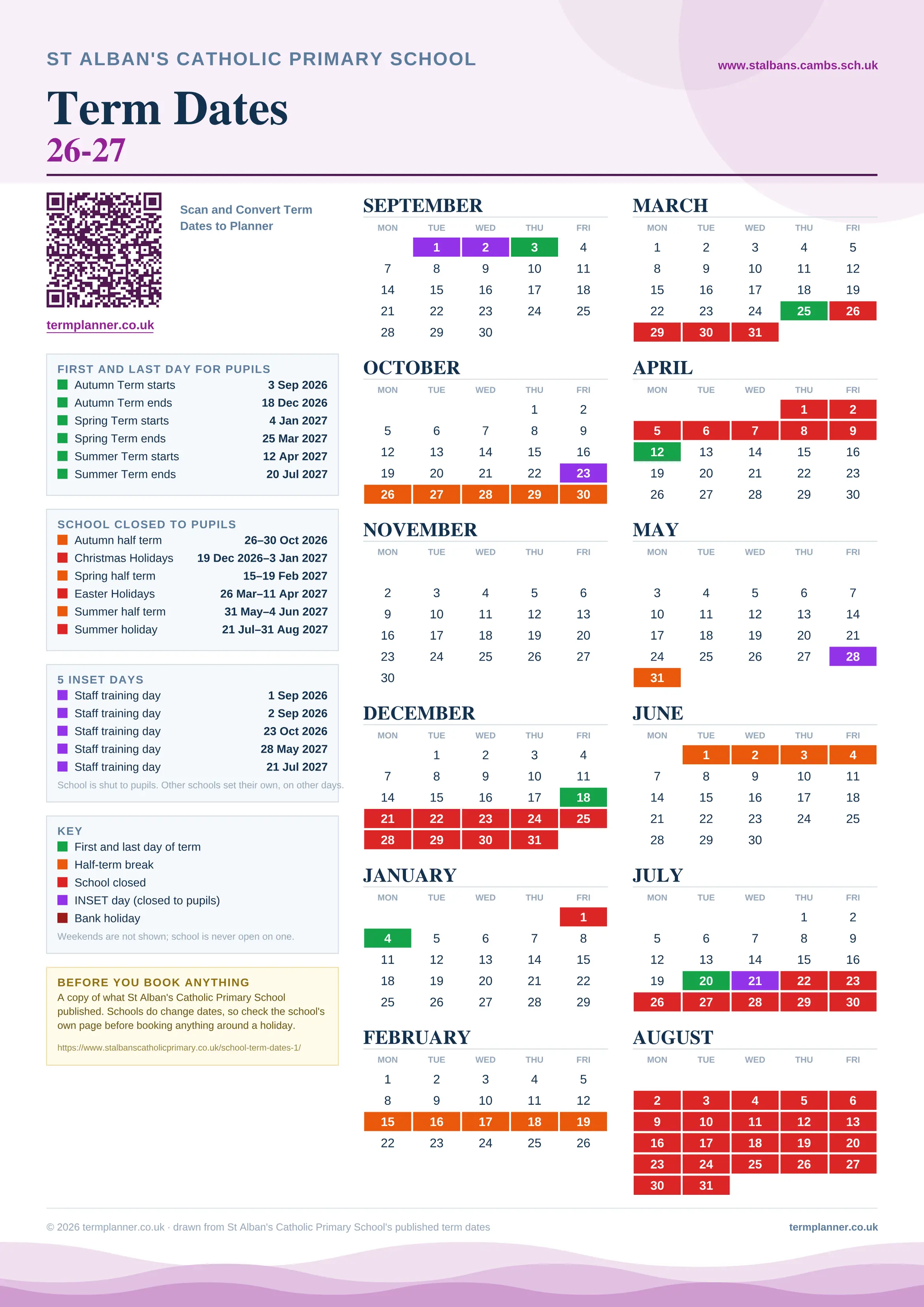 St Alban's Catholic Primary School’s 2026/27 school year drawn as one sheet: twelve month grids from September to August, Monday to Friday, with autumn term 3 September to 18 December 2026, spring term 4 January to 25 March 2027, summer term 12 April to 20 July 2027. Half terms, holidays and bank holidays are filled in colour, the first and last day of each term is marked, 5 INSET days are picked out, and every date is listed again in words down the left.