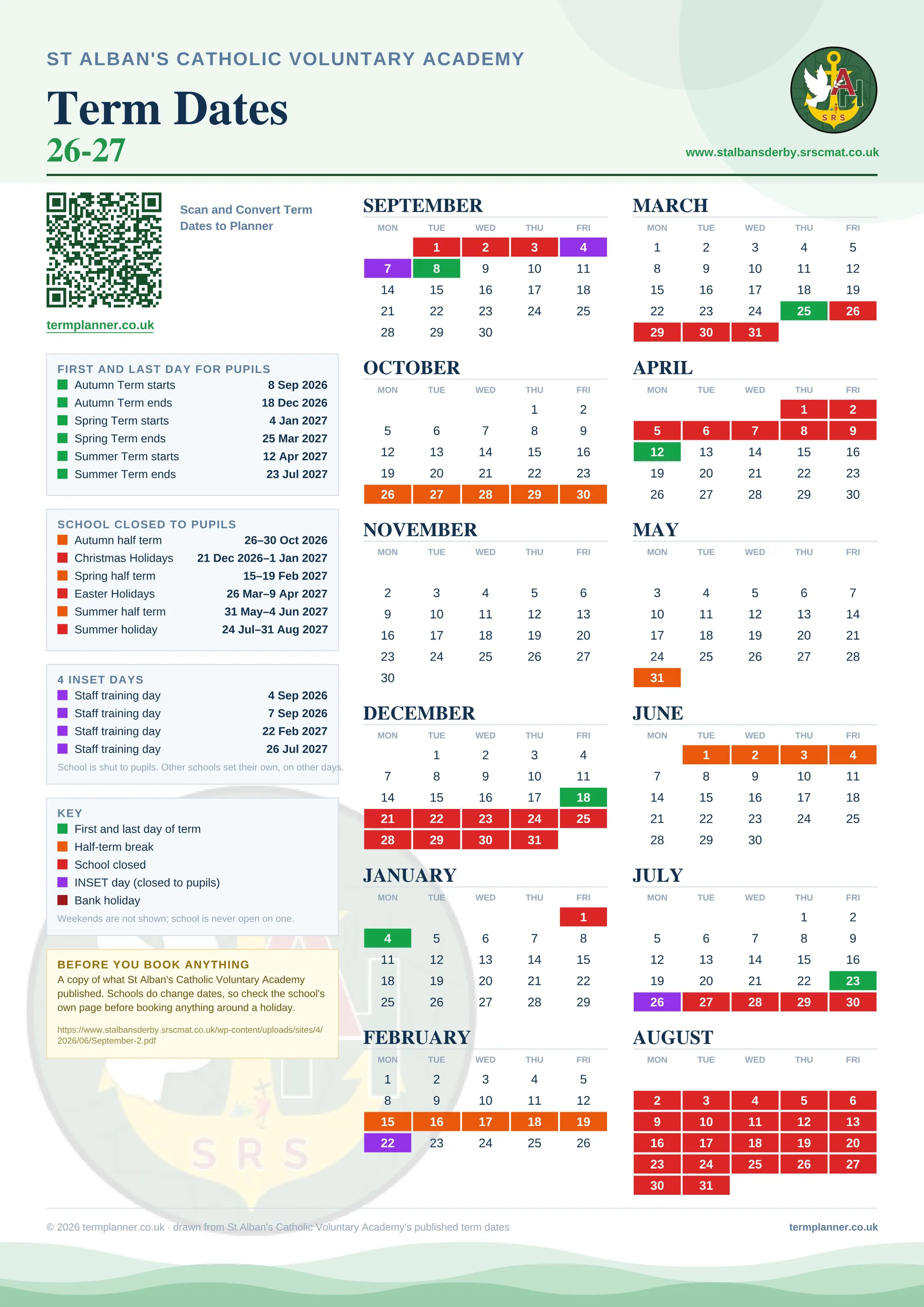 St Alban's Catholic Voluntary Academy’s 2026/27 school year drawn as one sheet: twelve month grids from September to August, Monday to Friday, with autumn term 8 September to 18 December 2026, spring term 4 January to 25 March 2027, summer term 12 April to 23 July 2027. Half terms, holidays and bank holidays are filled in colour, the first and last day of each term is marked, 4 INSET days are picked out, and every date is listed again in words down the left.