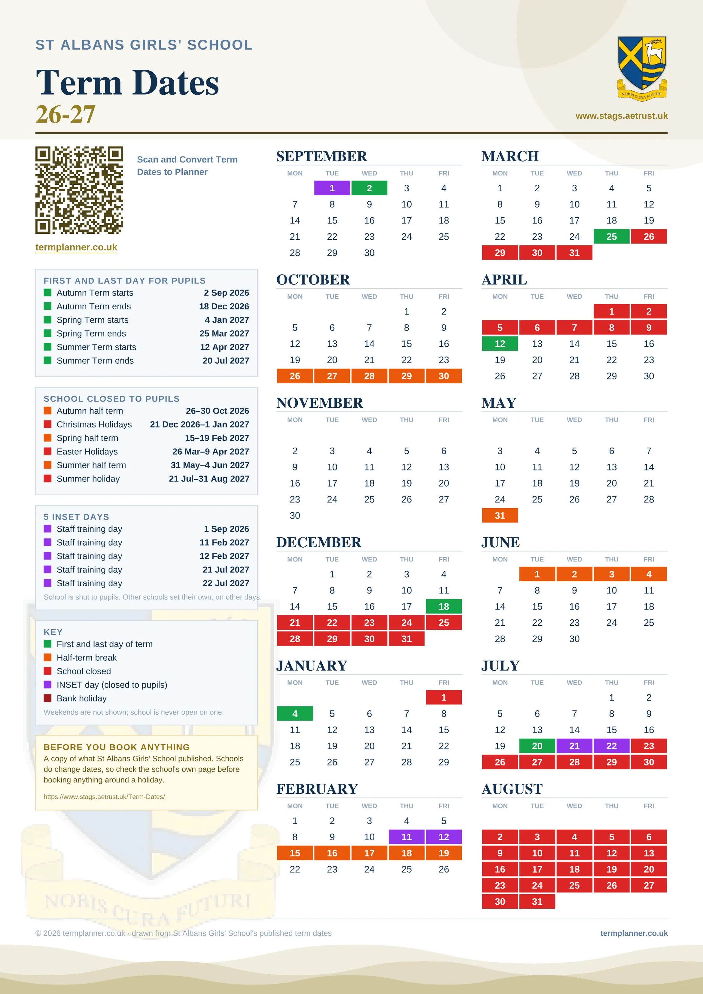 St Albans Girls' School’s 2026/27 school year drawn as one sheet: twelve month grids from September to August, Monday to Friday, with autumn term 2 September to 18 December 2026, spring term 4 January to 25 March 2027, summer term 12 April to 20 July 2027. Half terms, holidays and bank holidays are filled in colour, the first and last day of each term is marked, 5 INSET days are picked out, and every date is listed again in words down the left.