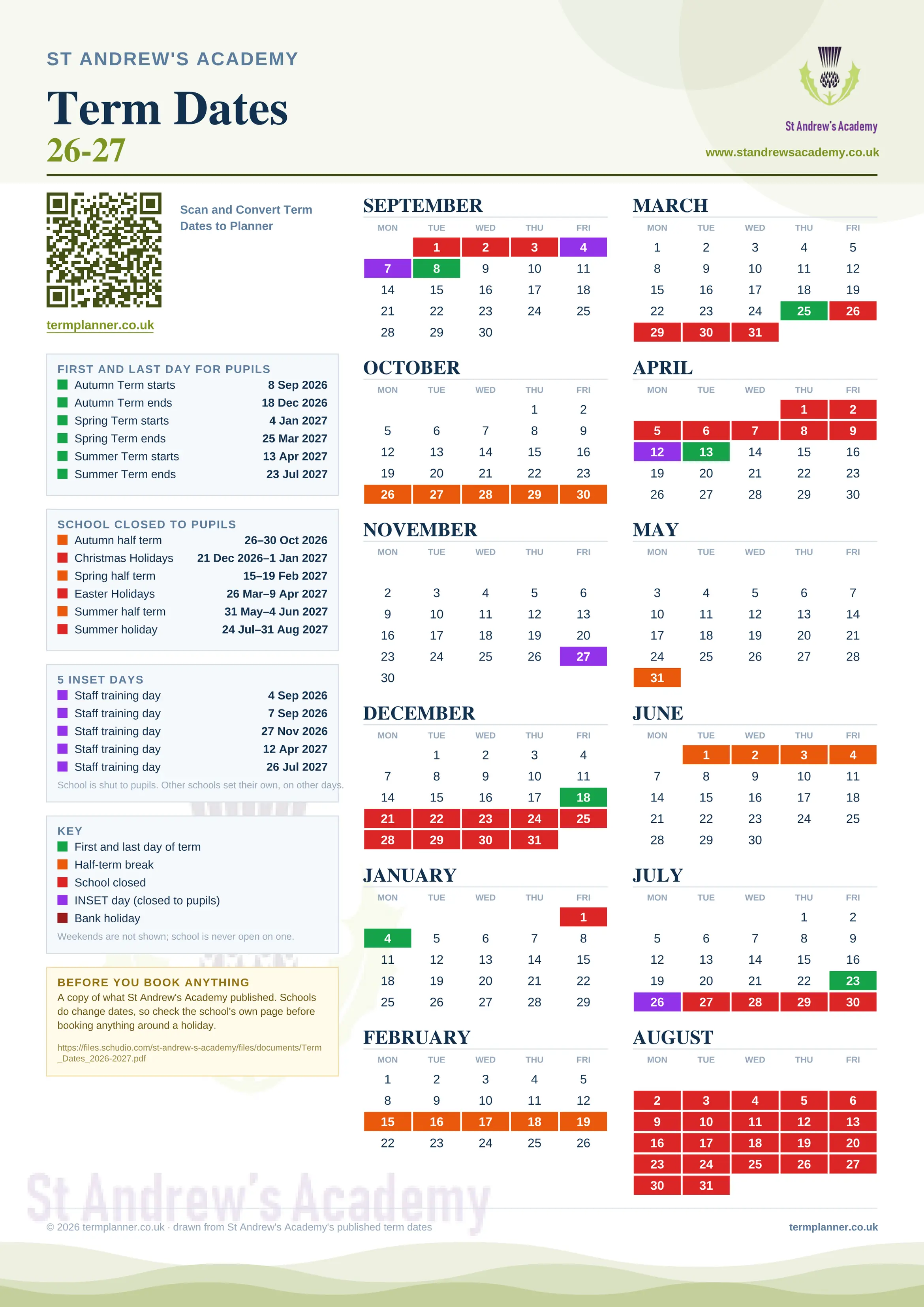 St Andrew's Academy’s 2026/27 school year drawn as one sheet: twelve month grids from September to August, Monday to Friday, with autumn term 8 September to 18 December 2026, spring term 4 January to 25 March 2027, summer term 13 April to 23 July 2027. Half terms, holidays and bank holidays are filled in colour, the first and last day of each term is marked, 5 INSET days are picked out, and every date is listed again in words down the left.