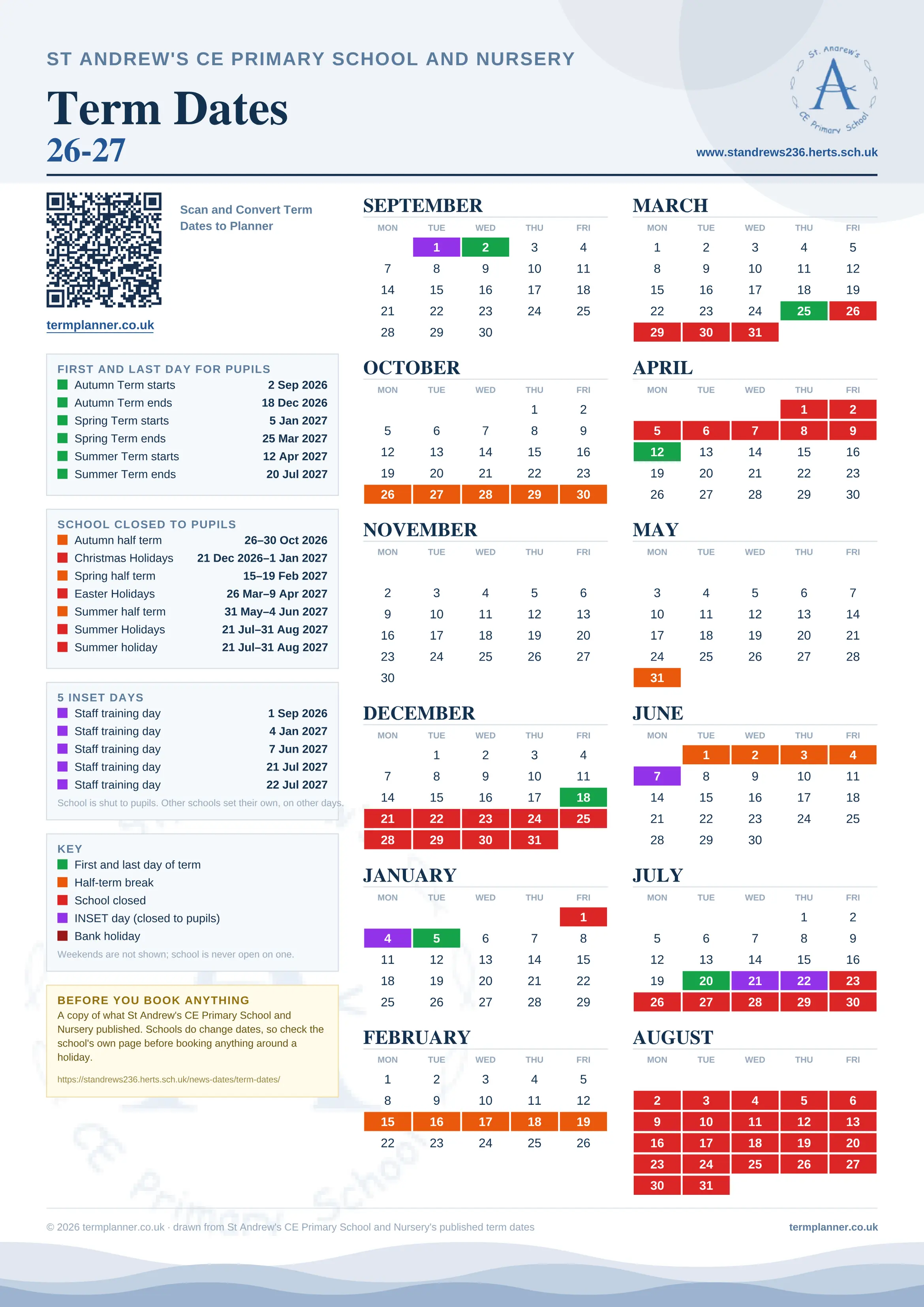 St Andrew's CE Primary School and Nursery’s 2026/27 school year drawn as one sheet: twelve month grids from September to August, Monday to Friday, with autumn term 2 September to 18 December 2026, spring term 5 January to 25 March 2027, summer term 12 April to 20 July 2027. Half terms, holidays and bank holidays are filled in colour, the first and last day of each term is marked, 5 INSET days are picked out, and every date is listed again in words down the left.
