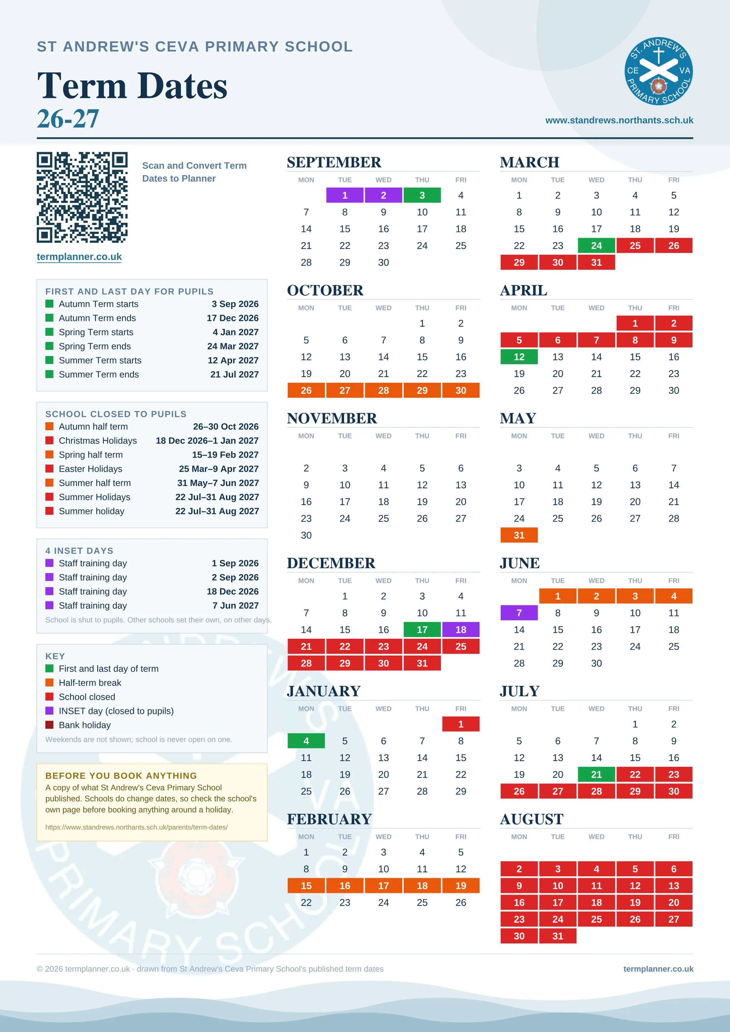 St Andrew's Ceva Primary School’s 2026/27 school year drawn as one sheet: twelve month grids from September to August, Monday to Friday, with autumn term 3 September to 17 December 2026, spring term 4 January to 24 March 2027, summer term 12 April to 21 July 2027. Half terms, holidays and bank holidays are filled in colour, the first and last day of each term is marked, 4 INSET days are picked out, and every date is listed again in words down the left.