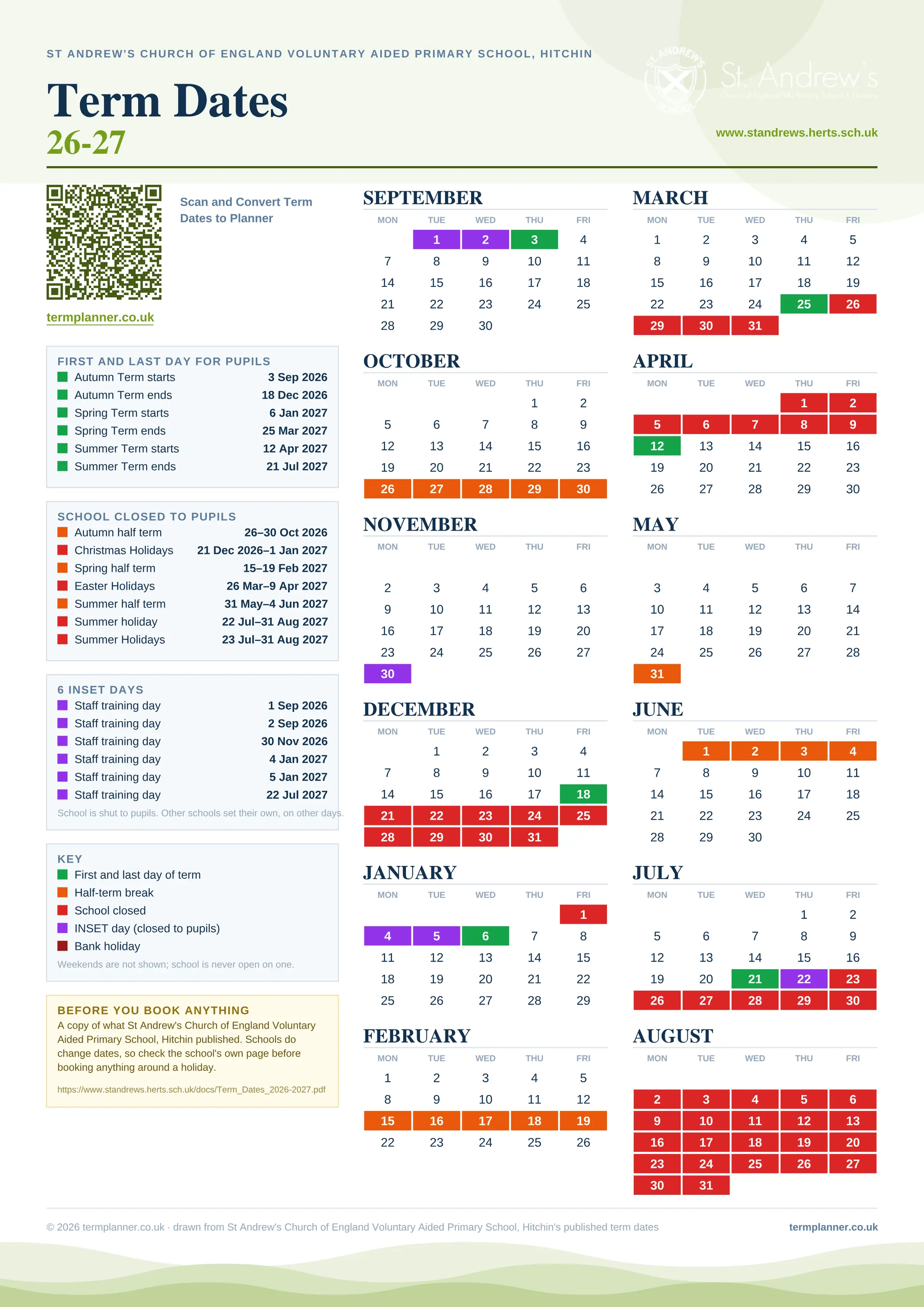 St Andrew's Church of England Voluntary Aided Primary School, Hitchin’s 2026/27 school year drawn as one sheet: twelve month grids from September to August, Monday to Friday, with autumn term 3 September to 18 December 2026, spring term 6 January to 25 March 2027, summer term 12 April to 21 July 2027. Half terms, holidays and bank holidays are filled in colour, the first and last day of each term is marked, 6 INSET days are picked out, and every date is listed again in words down the left.