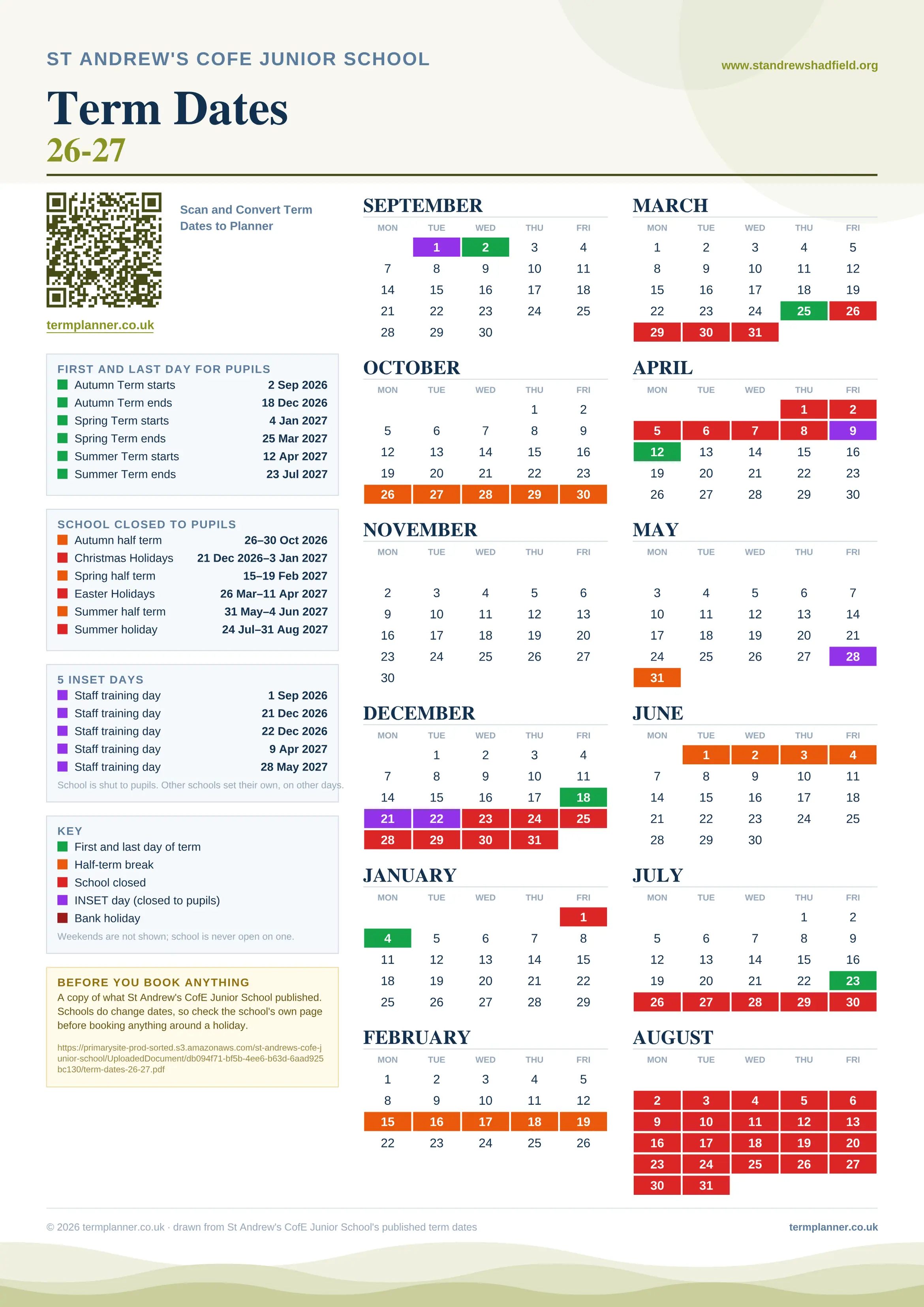 St Andrew's CofE Junior School’s 2026/27 school year drawn as one sheet: twelve month grids from September to August, Monday to Friday, with autumn term 2 September to 18 December 2026, spring term 4 January to 25 March 2027, summer term 12 April to 23 July 2027. Half terms, holidays and bank holidays are filled in colour, the first and last day of each term is marked, 5 INSET days are picked out, and every date is listed again in words down the left.