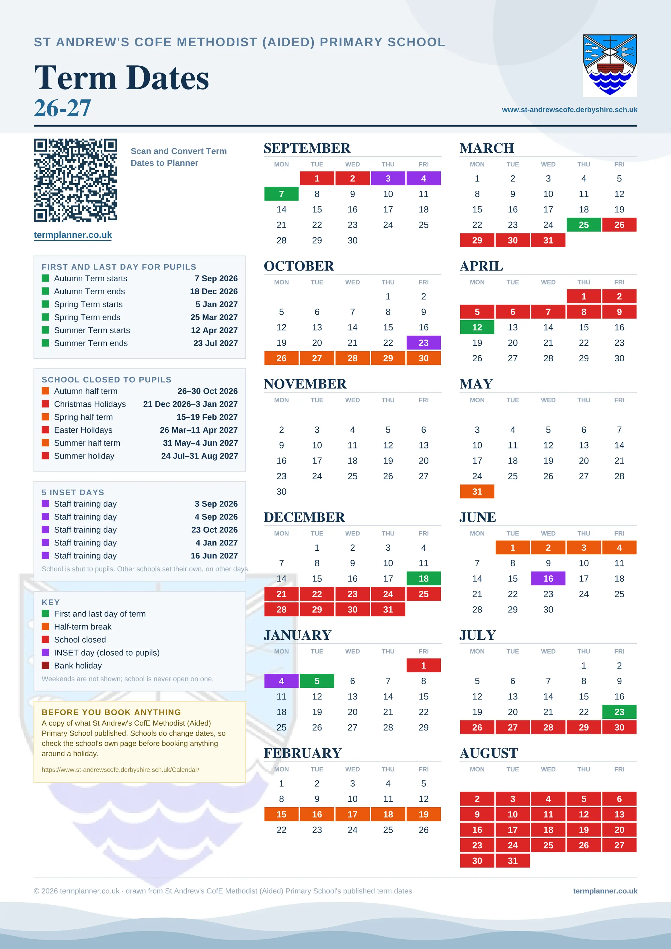 St Andrew's CofE Methodist (Aided) Primary School’s 2026/27 school year drawn as one sheet: twelve month grids from September to August, Monday to Friday, with autumn term 7 September to 18 December 2026, spring term 5 January to 25 March 2027, summer term 12 April to 23 July 2027. Half terms, holidays and bank holidays are filled in colour, the first and last day of each term is marked, 5 INSET days are picked out, and every date is listed again in words down the left.