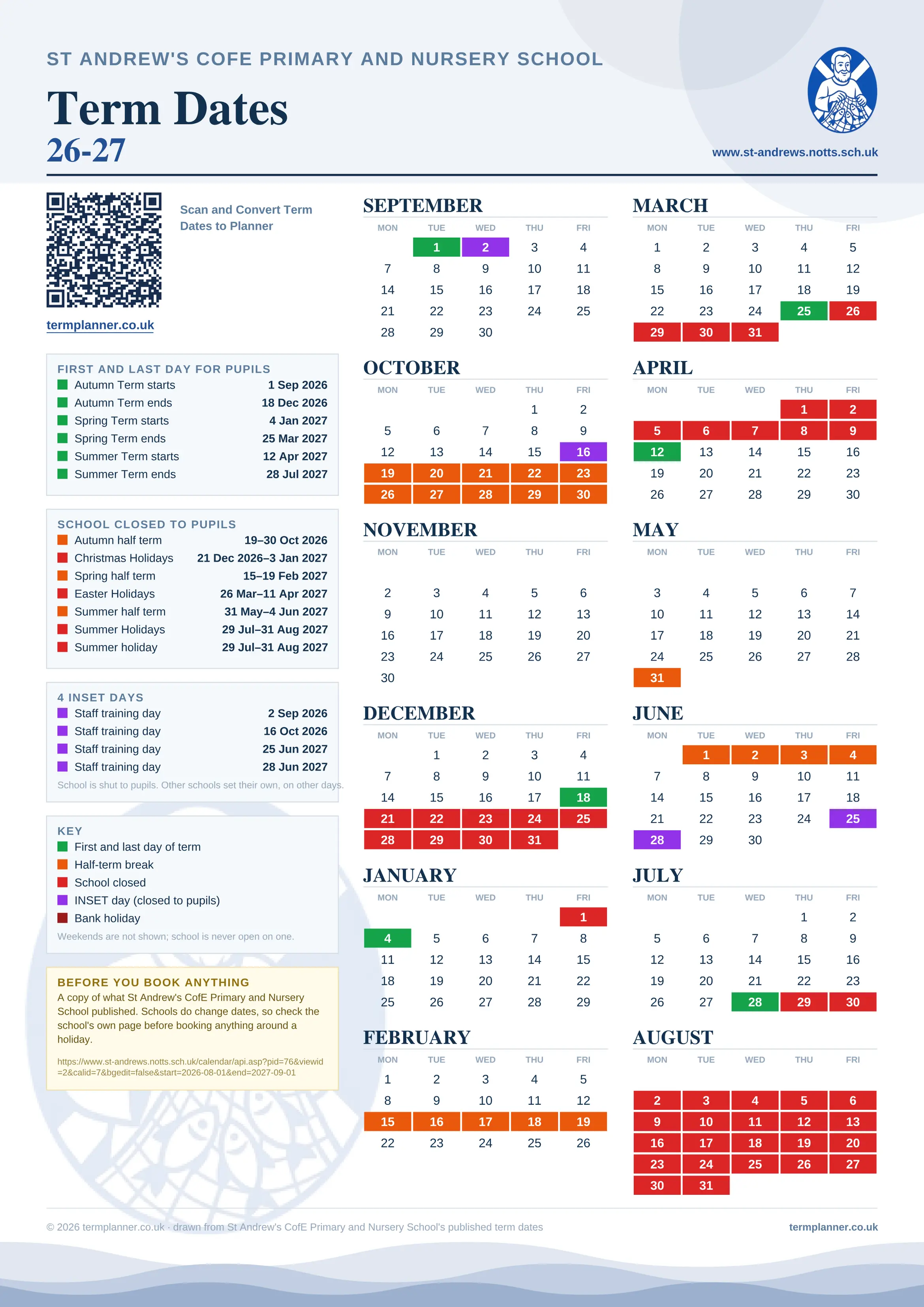 St Andrew's CofE Primary and Nursery School’s 2026/27 school year drawn as one sheet: twelve month grids from September to August, Monday to Friday, with autumn term 1 September to 18 December 2026, spring term 4 January to 25 March 2027, summer term 12 April to 28 July 2027. Half terms, holidays and bank holidays are filled in colour, the first and last day of each term is marked, 4 INSET days are picked out, and every date is listed again in words down the left.