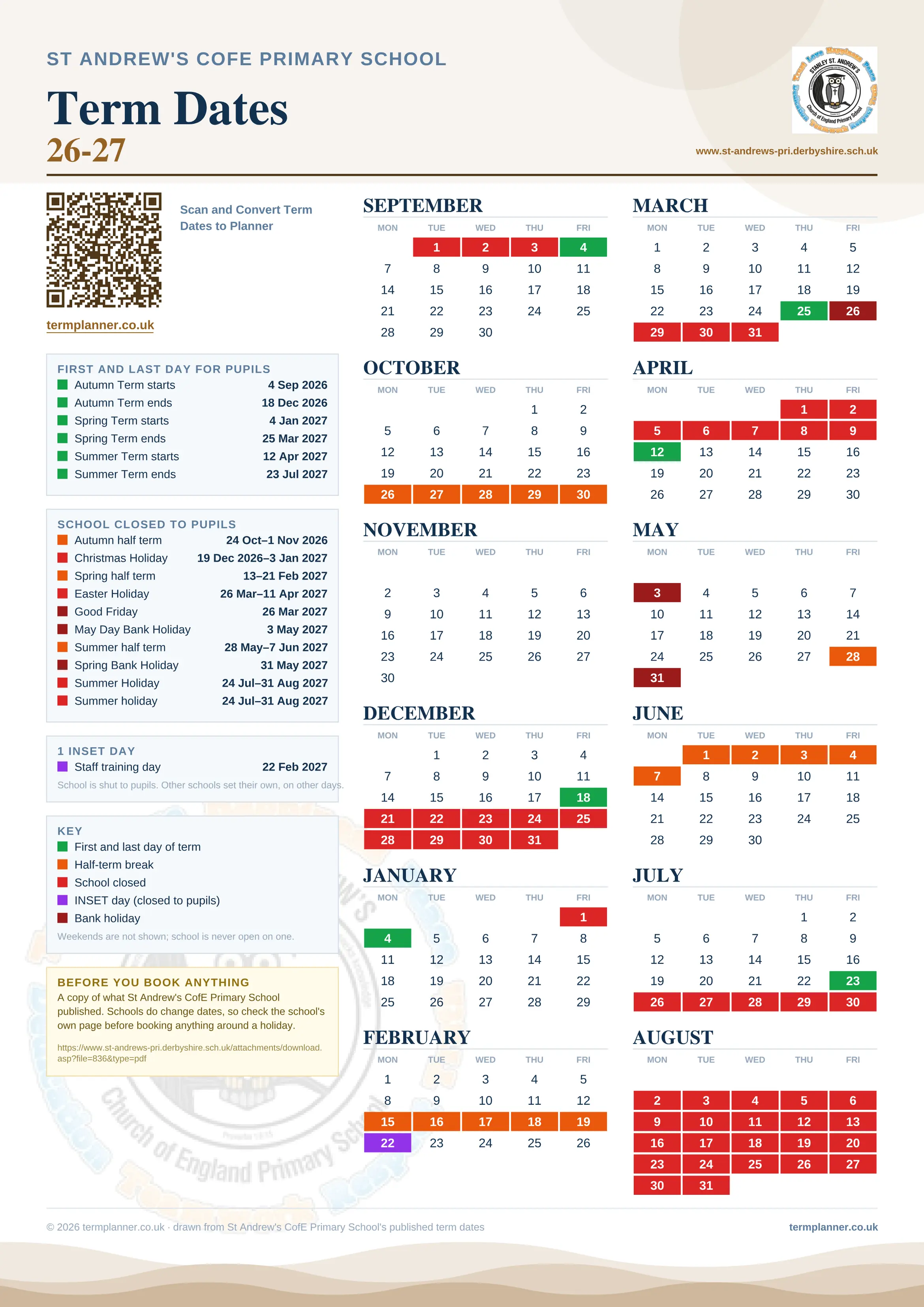 St Andrew's CofE Primary School’s 2026/27 school year drawn as one sheet: twelve month grids from September to August, Monday to Friday, with autumn term 4 September to 18 December 2026, spring term 4 January to 25 March 2027, summer term 12 April to 23 July 2027. Half terms, holidays and bank holidays are filled in colour, the first and last day of each term is marked, 1 INSET day is picked out, and every date is listed again in words down the left.