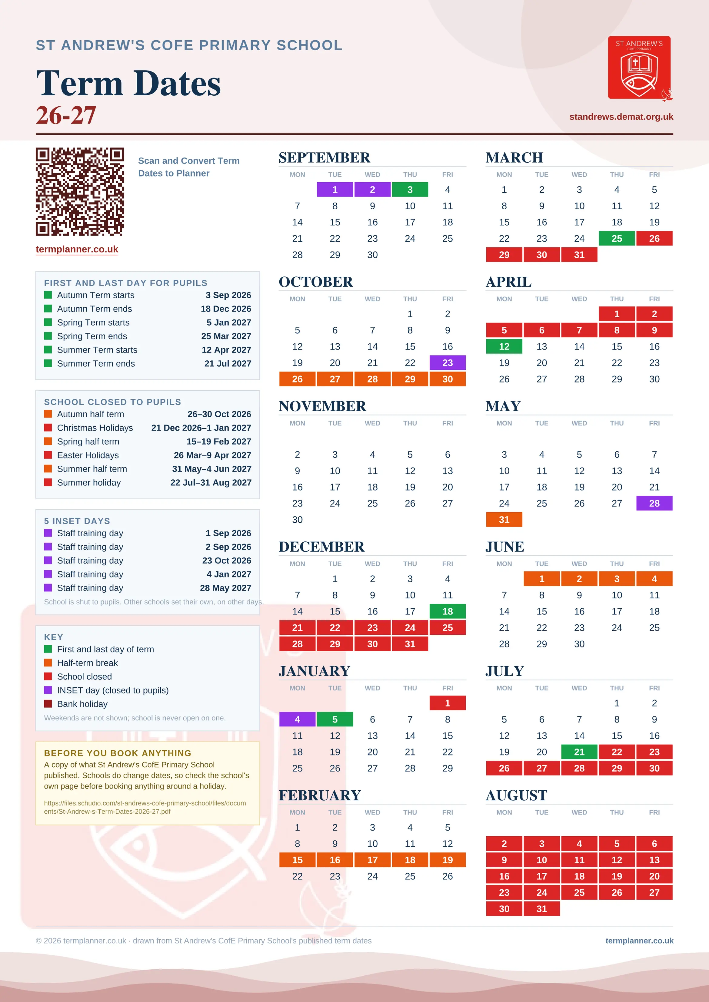 St Andrew's CofE Primary School’s 2026/27 school year drawn as one sheet: twelve month grids from September to August, Monday to Friday, with autumn term 3 September to 18 December 2026, spring term 5 January to 25 March 2027, summer term 12 April to 21 July 2027. Half terms, holidays and bank holidays are filled in colour, the first and last day of each term is marked, 5 INSET days are picked out, and every date is listed again in words down the left.