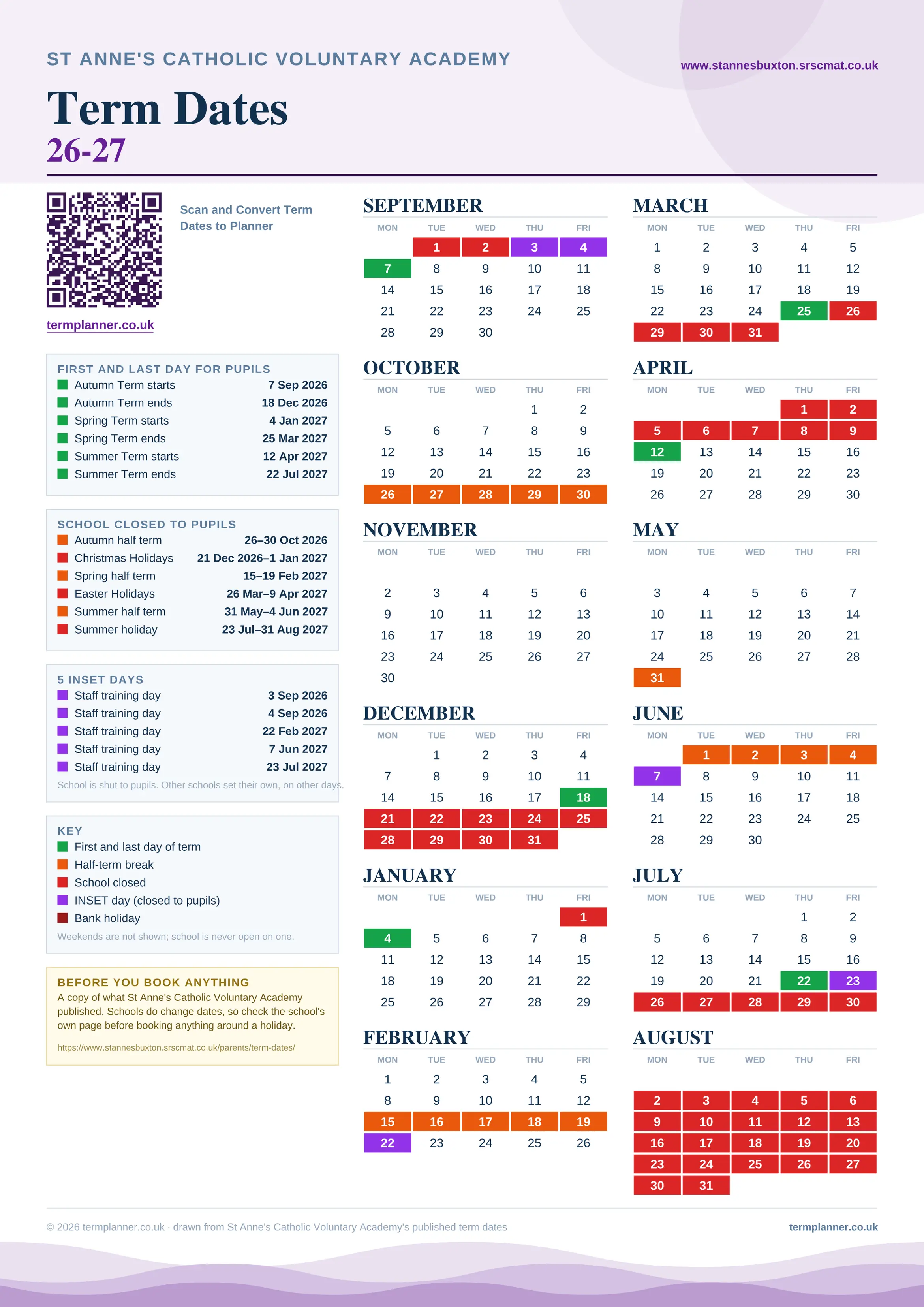 St Anne's Catholic Voluntary Academy’s 2026/27 school year drawn as one sheet: twelve month grids from September to August, Monday to Friday, with autumn term 7 September to 18 December 2026, spring term 4 January to 25 March 2027, summer term 12 April to 22 July 2027. Half terms, holidays and bank holidays are filled in colour, the first and last day of each term is marked, 5 INSET days are picked out, and every date is listed again in words down the left.