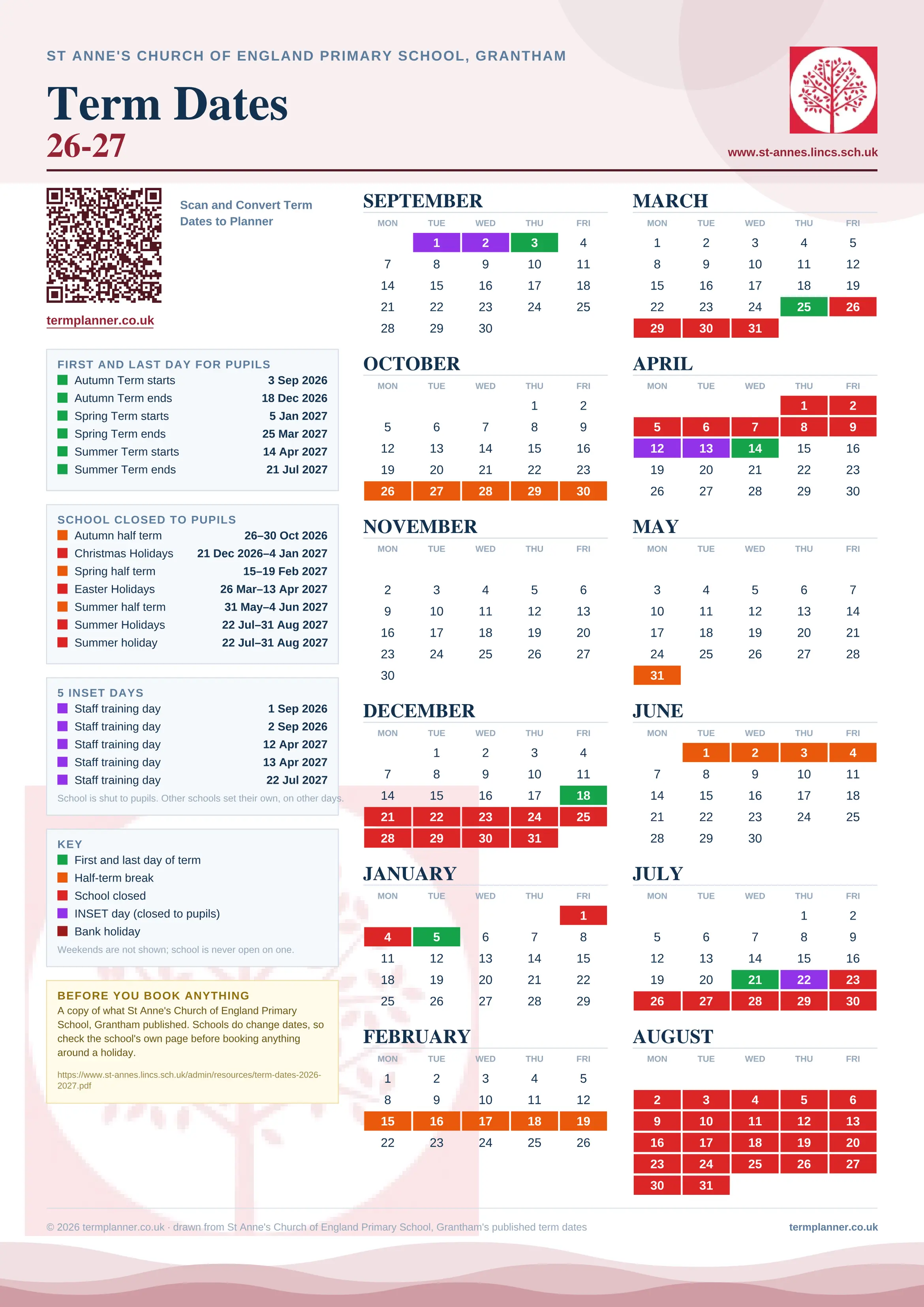 St Anne's Church of England Primary School, Grantham’s 2026/27 school year drawn as one sheet: twelve month grids from September to August, Monday to Friday, with autumn term 3 September to 18 December 2026, spring term 5 January to 25 March 2027, summer term 14 April to 21 July 2027. Half terms, holidays and bank holidays are filled in colour, the first and last day of each term is marked, 5 INSET days are picked out, and every date is listed again in words down the left.