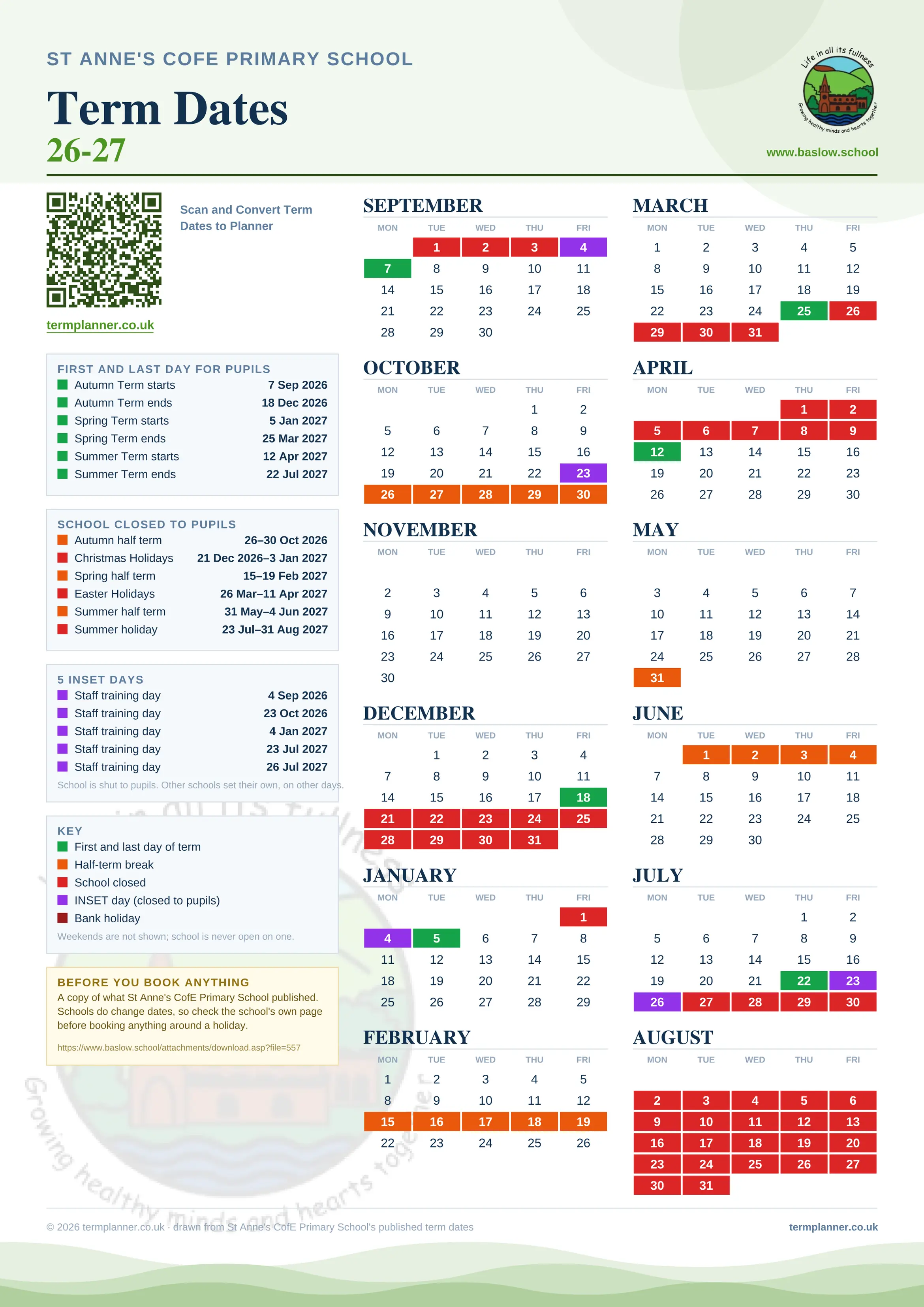 St Anne's CofE Primary School’s 2026/27 school year drawn as one sheet: twelve month grids from September to August, Monday to Friday, with autumn term 7 September to 18 December 2026, spring term 5 January to 25 March 2027, summer term 12 April to 22 July 2027. Half terms, holidays and bank holidays are filled in colour, the first and last day of each term is marked, 5 INSET days are picked out, and every date is listed again in words down the left.