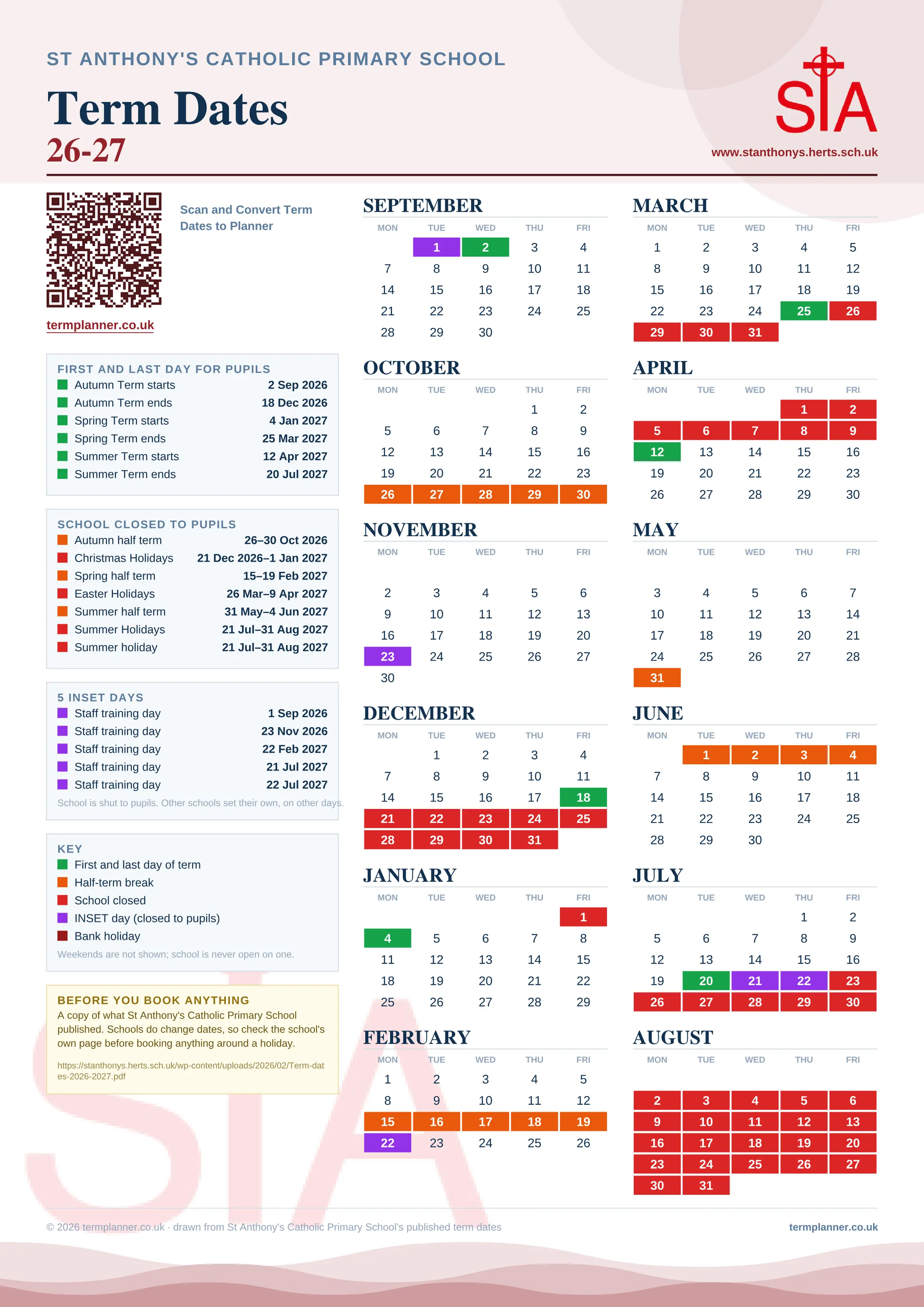 St Anthony's Catholic Primary School’s 2026/27 school year drawn as one sheet: twelve month grids from September to August, Monday to Friday, with autumn term 2 September to 18 December 2026, spring term 4 January to 25 March 2027, summer term 12 April to 20 July 2027. Half terms, holidays and bank holidays are filled in colour, the first and last day of each term is marked, 5 INSET days are picked out, and every date is listed again in words down the left.