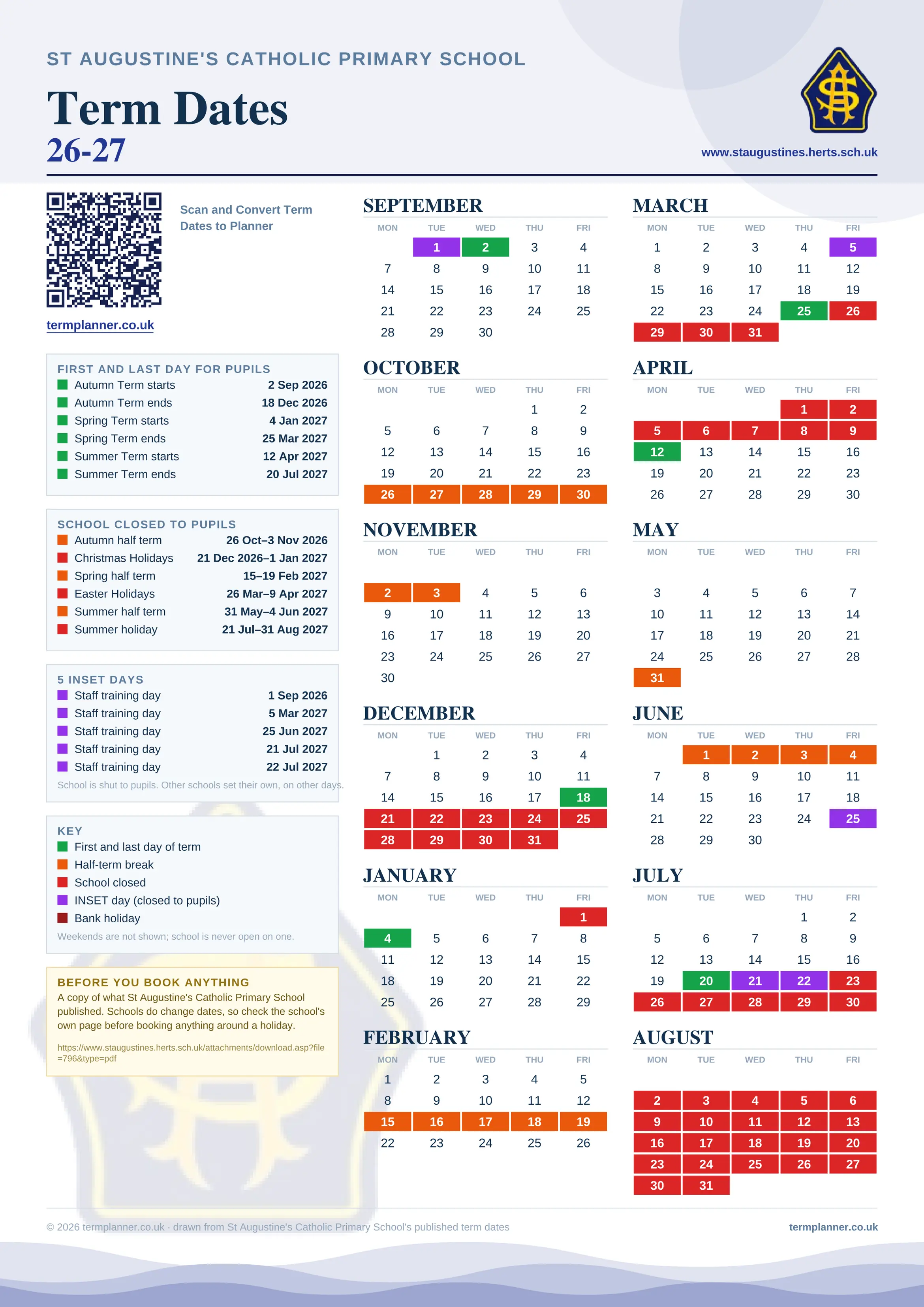 St Augustine's Catholic Primary School’s 2026/27 school year drawn as one sheet: twelve month grids from September to August, Monday to Friday, with autumn term 2 September to 18 December 2026, spring term 4 January to 25 March 2027, summer term 12 April to 20 July 2027. Half terms, holidays and bank holidays are filled in colour, the first and last day of each term is marked, 5 INSET days are picked out, and every date is listed again in words down the left.